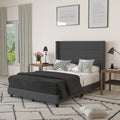 Merrick Lane Percy Modern Platform Bed - Charcoal Faux Linen - Full - Padded Channel Stitched Wingback Headboard - 6 Underbed Cl