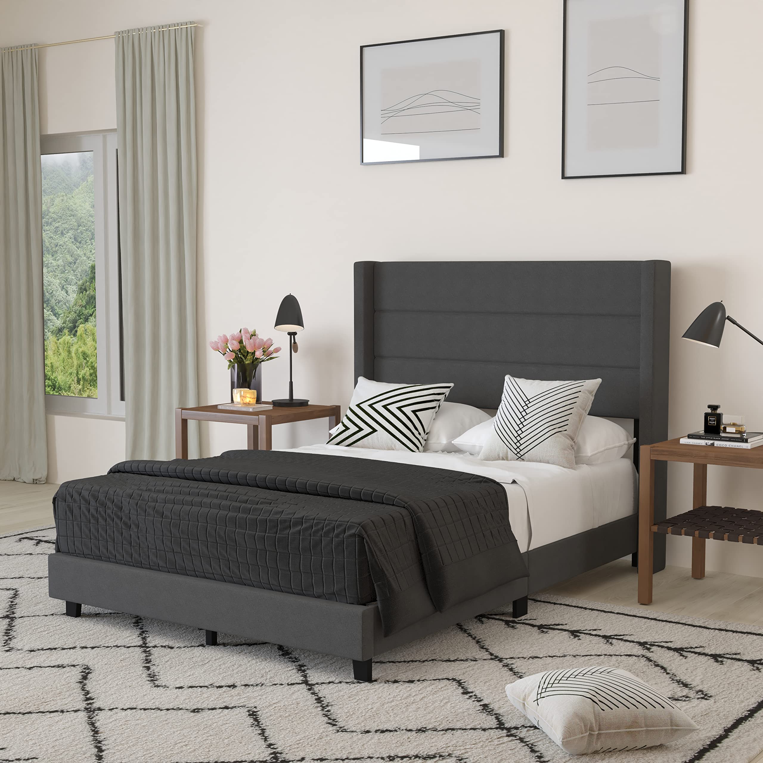 Merrick Lane Percy Modern Platform Bed - Charcoal Faux Linen - Full - Padded Channel Stitched Wingback Headboard - 6 Underbed Cl