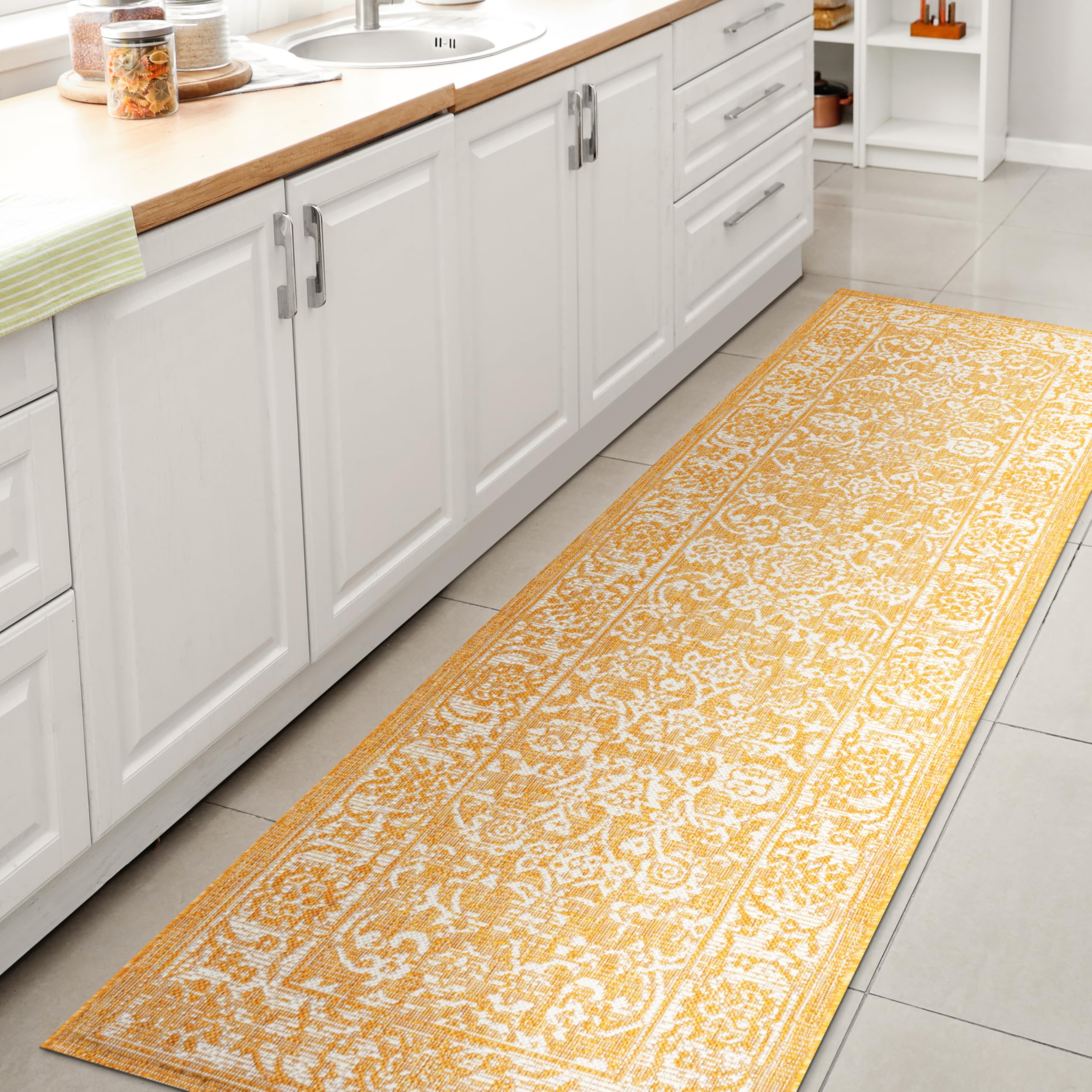 Jonathan Y Smb100E-210 Tela Bohemian Textured Weave Floral Indoor Outdoor Area Rug, Coastal Traditional Transitional Easy Cleaning,Bedroom,Kitchen,Backyard,Patio,Non Shedding 2 X 10, Yellow/Cream