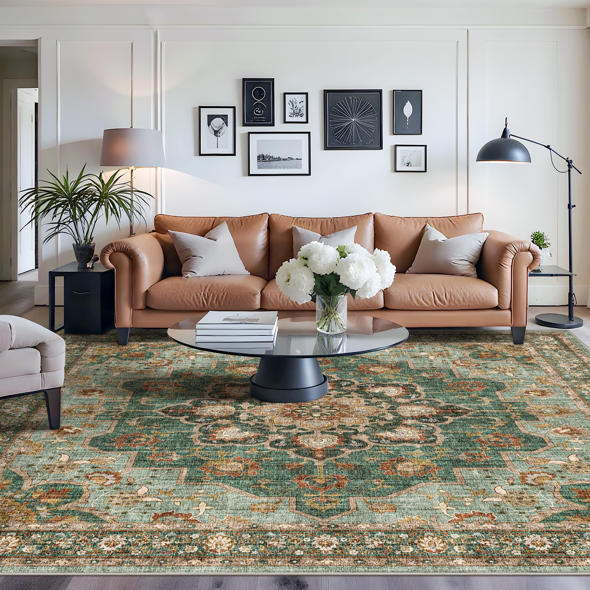 TOPRUUG Washable Oriental Area Rug - Green 10x10 Area Rugs for Living Room Bedroom Dining Room Under Kitchen Table - Non-Slip & 