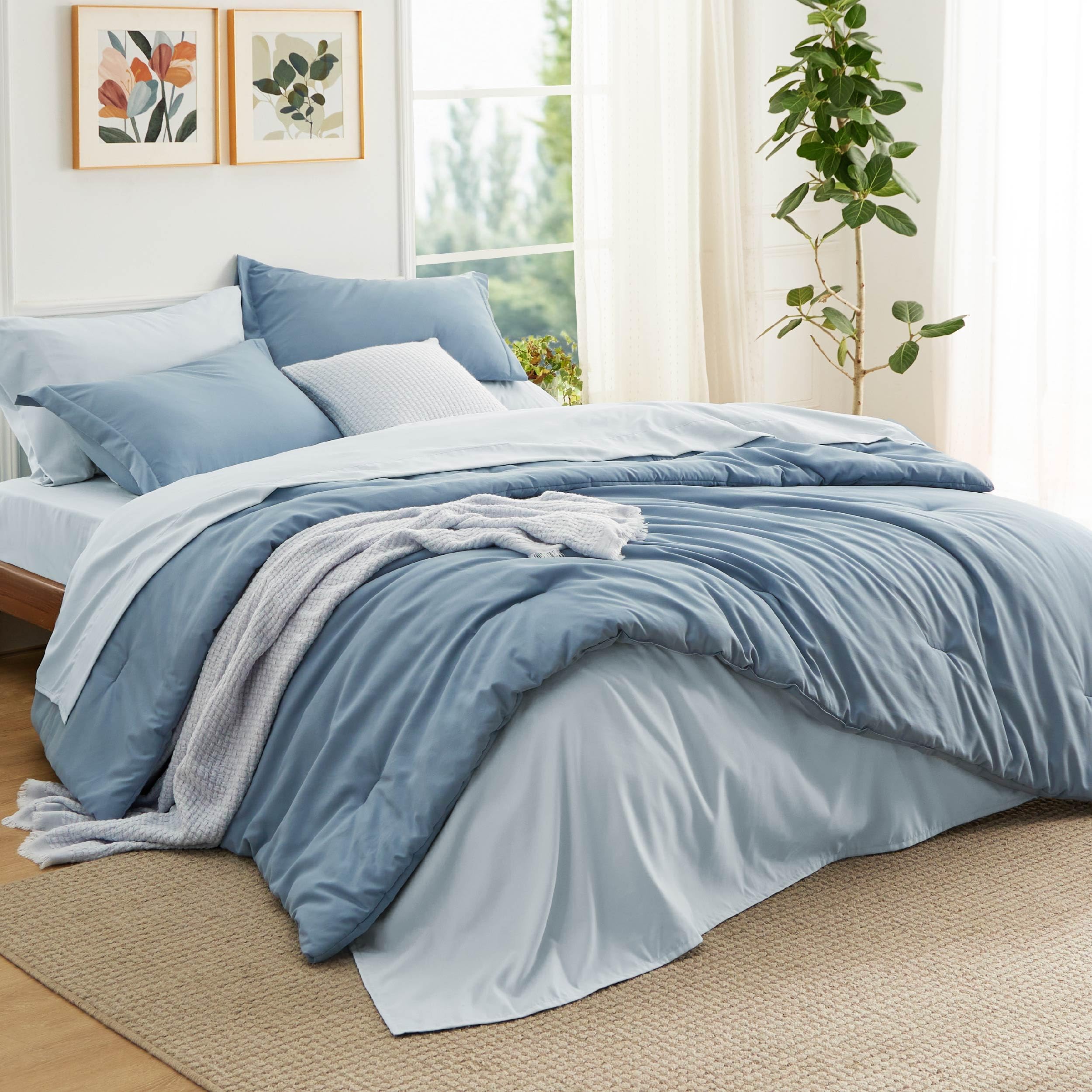 Bedsure Queen Comforter Set - 7 Pieces Grayish Blue Queen Bedding Set For All Seasons, Boho Contrasting Design Bed In A Bag With Comforter, Sheets, Pillowcases & Shams