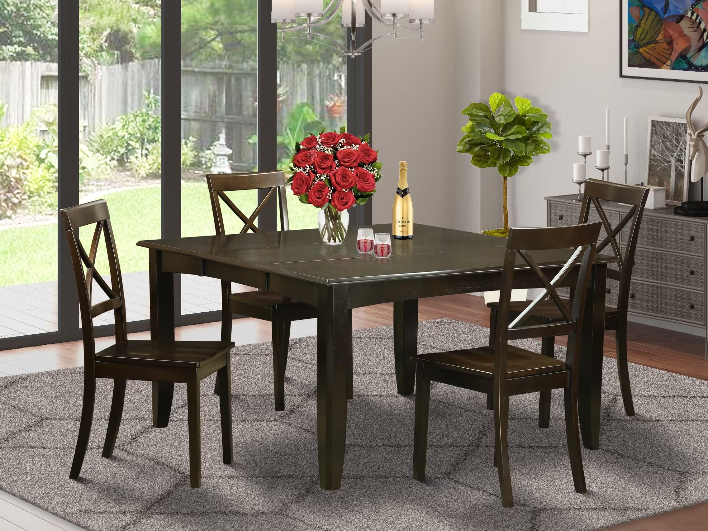 East West Furniture PFBO5-CAP-W 5 Piece Dining Room Furniture Set Includes a Square Kitchen Table with Butterfly Leaf and 4 Dining Chairs, 54x54 Inch, Cappuccino