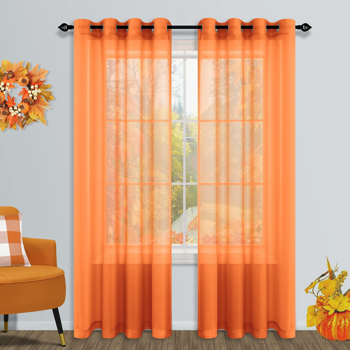 Mrs.Naturall Autumn Decorations For Home Orange Curtain Set Of 2 Panels Grommet Sheer Thanksgiving Fall Window Treatments For Li