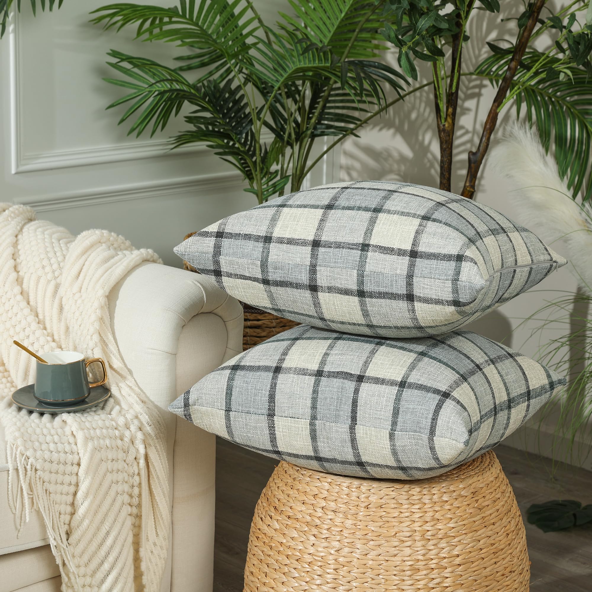Stellhome Pack Of 2 Lumbar Linen Buffalo Check Throw Pillow Covers Farmhouse Plaid Cushion Cover Rustic Retro Decor For Bed Couc