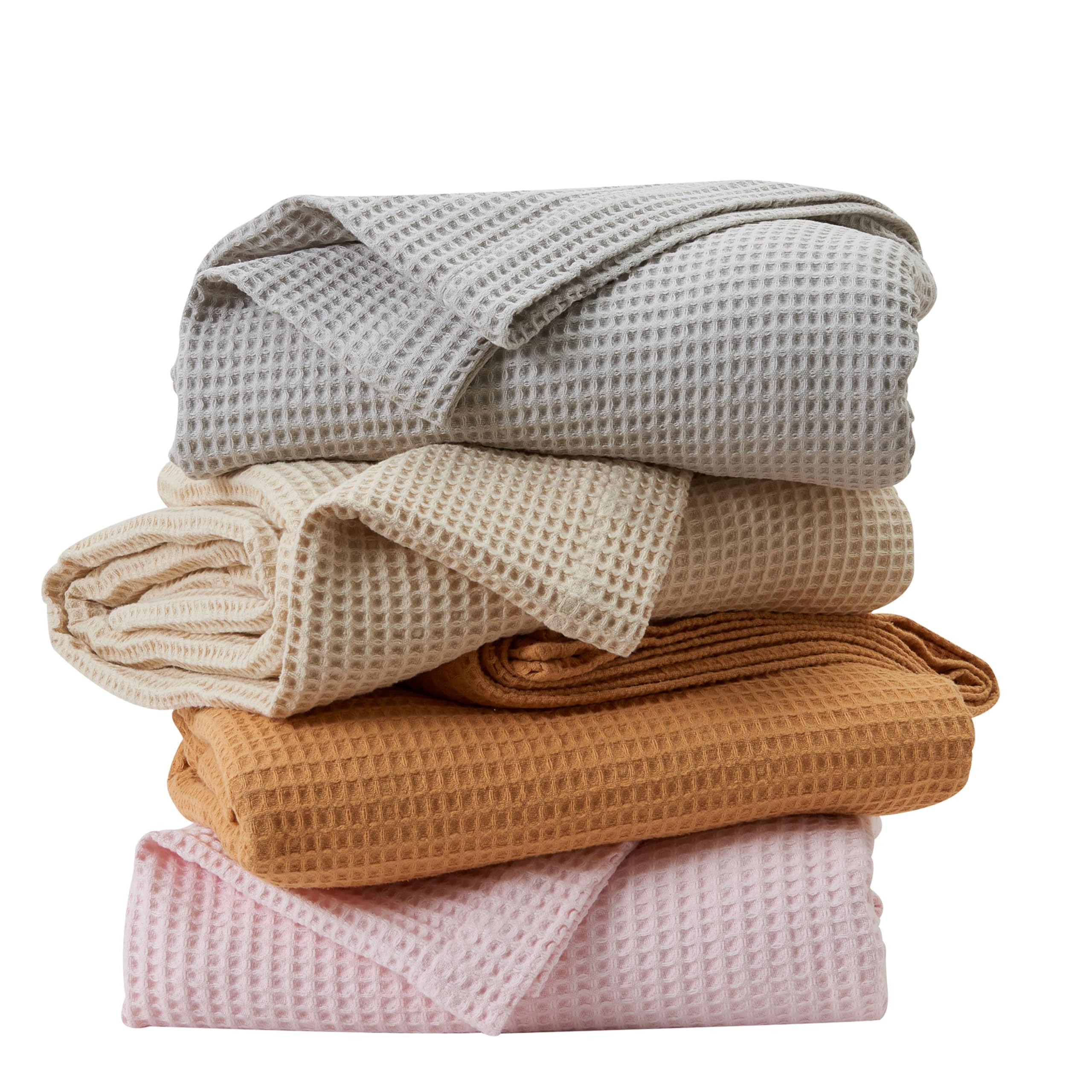 100% Cotton Blanket For Full Queen Size Bed - Tan Waffle Weave Lightweight Summer Bed Blanket - 90X90In Prewashed Breathable, Wo