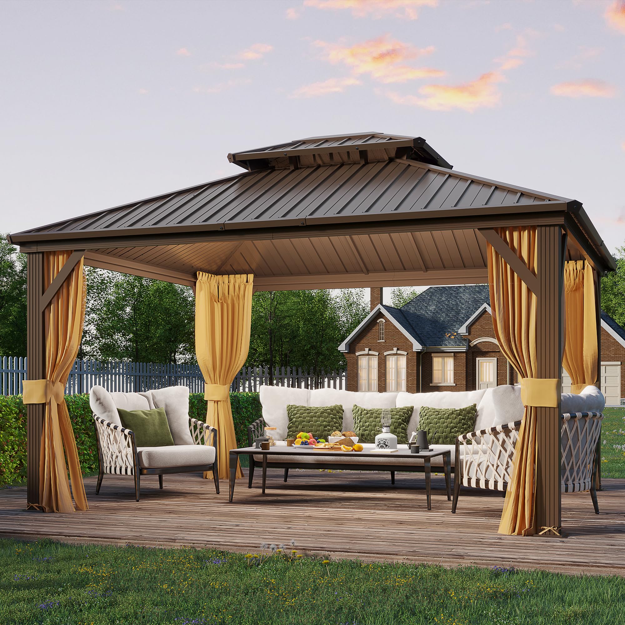 Yoleny 10' X 12' Hardtop Gazebo, Metal Gazebo With Aluminum Frame, Double Galvanized Steel Roof, Curtains And Netting Included,