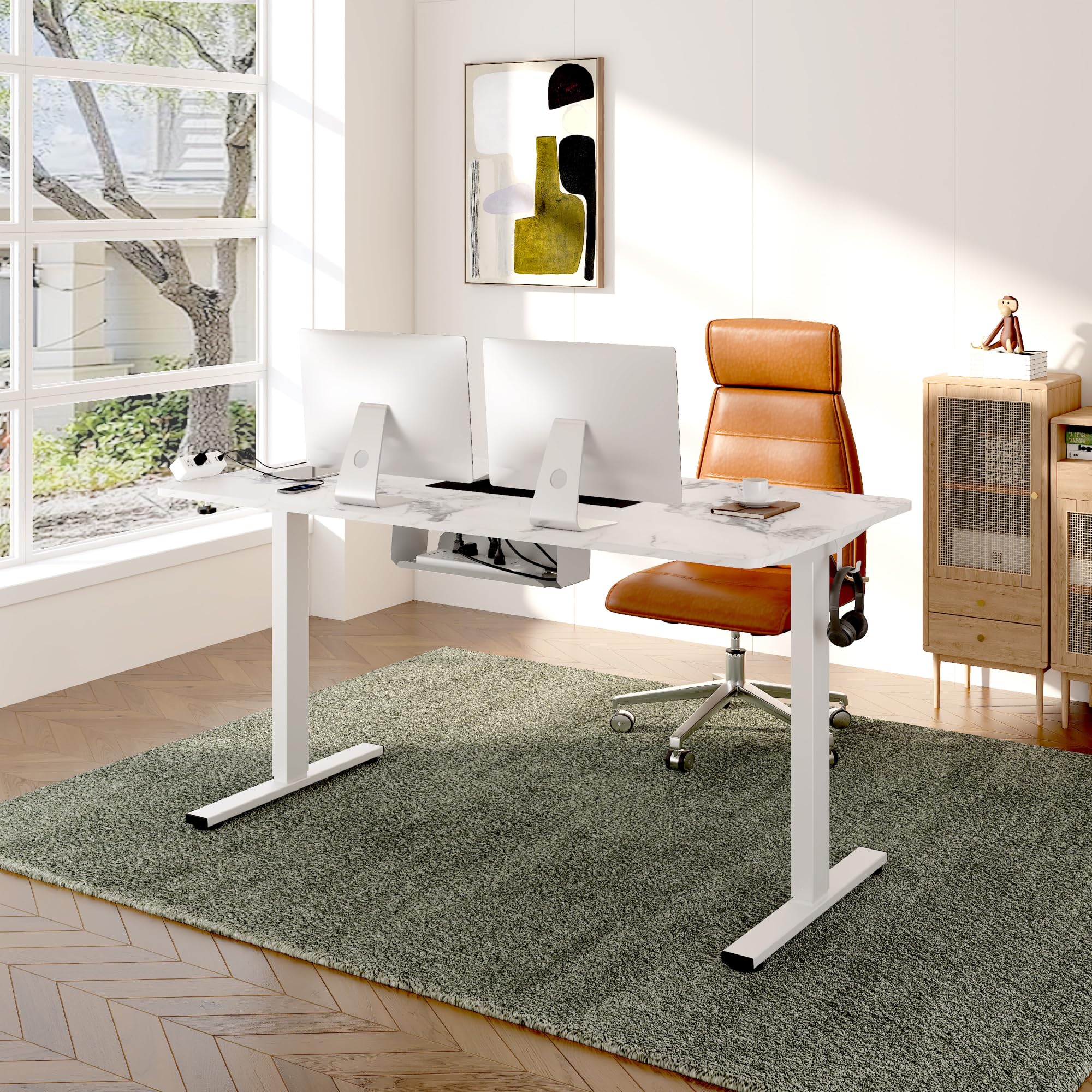 Flexispot En2 Whole-Piece Standing Desk With Clamp Power Strip, 48 X 30 Electric Stand Up Height Adjustable Desk With Cable Management (White Frame + 48' White Desktop, 2 Packages)