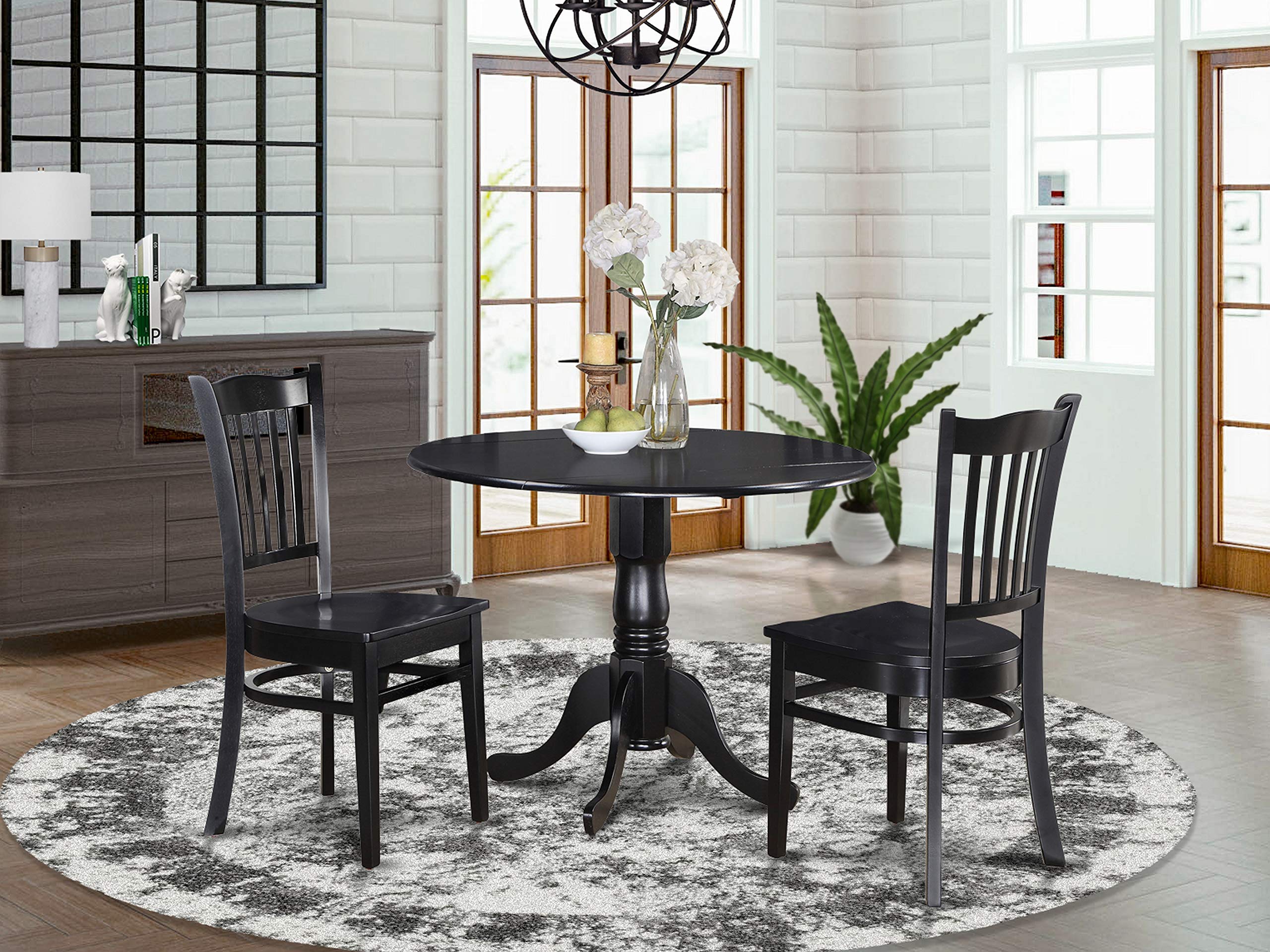 East West Furniture Dublin 3 Piece Set for Small Spaces Contains a Round Dining Room Table with Dropleaf and 2 Wood Seat Chairs, 42x42 Inch, Black
