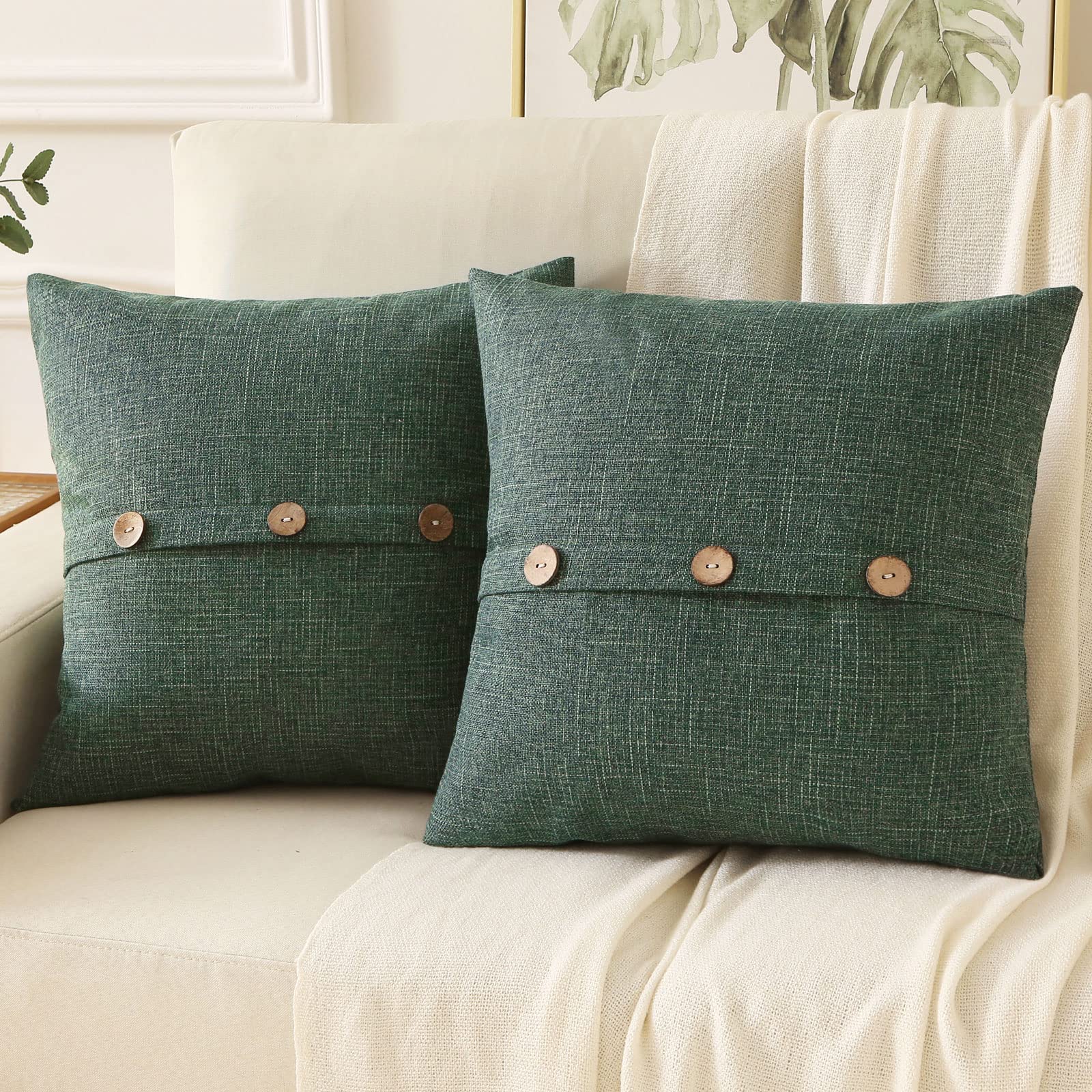 Haussy Emerald Green Linen Decorative Throw Pillow Covers 26X26 Inch Set Of 2,Square Euro Pillow Shams With 3 Vintage Buttons,Mo