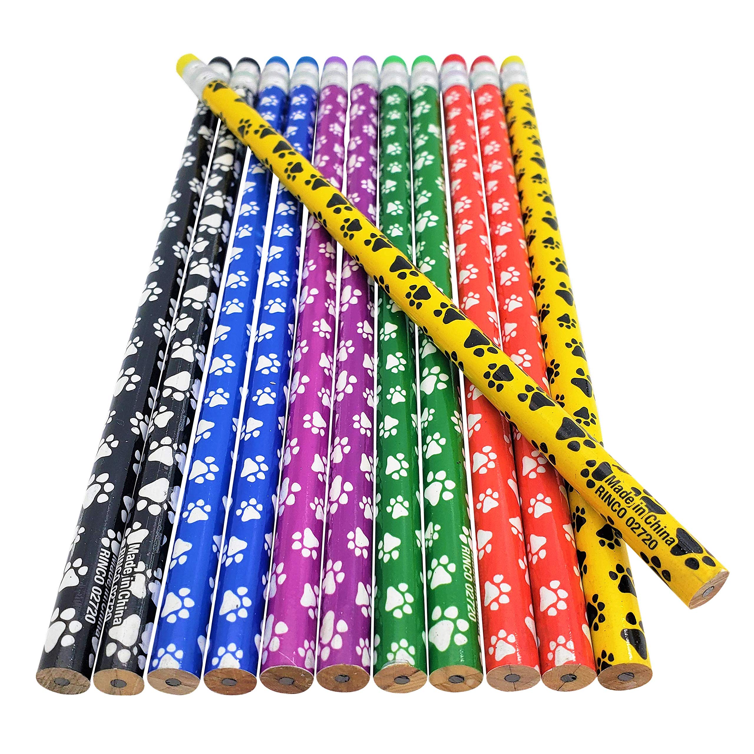 Zugar Land Paw Print On Colorful #2 Lead Pencils (12 Pcs) Wooden With Colorful Eraser On Top (12 Pack)