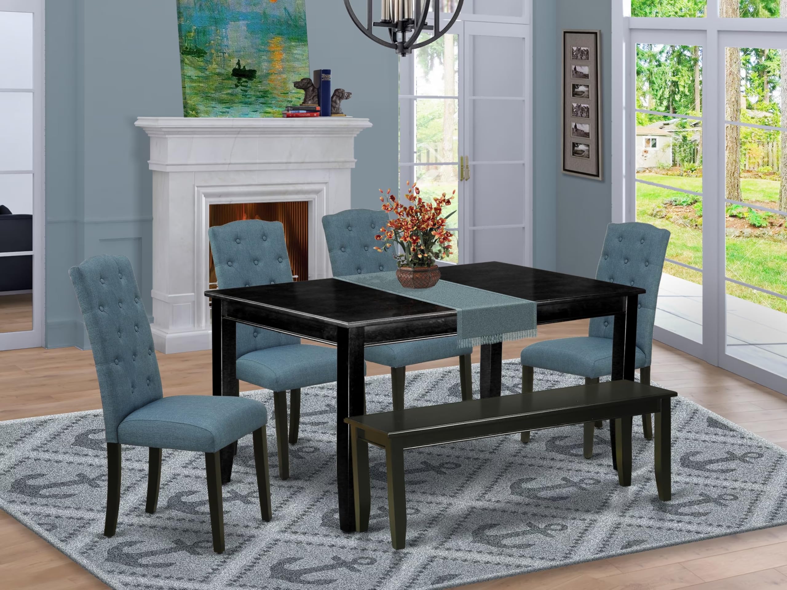 East West Furniture Duce6-Blk-21 6 Piece Dinette Set Contains A Rectangle Dining Room Table And 4 Mineral Blue Linen Fabric Parson Chairs With A Bench, 36X60 Inch, Black