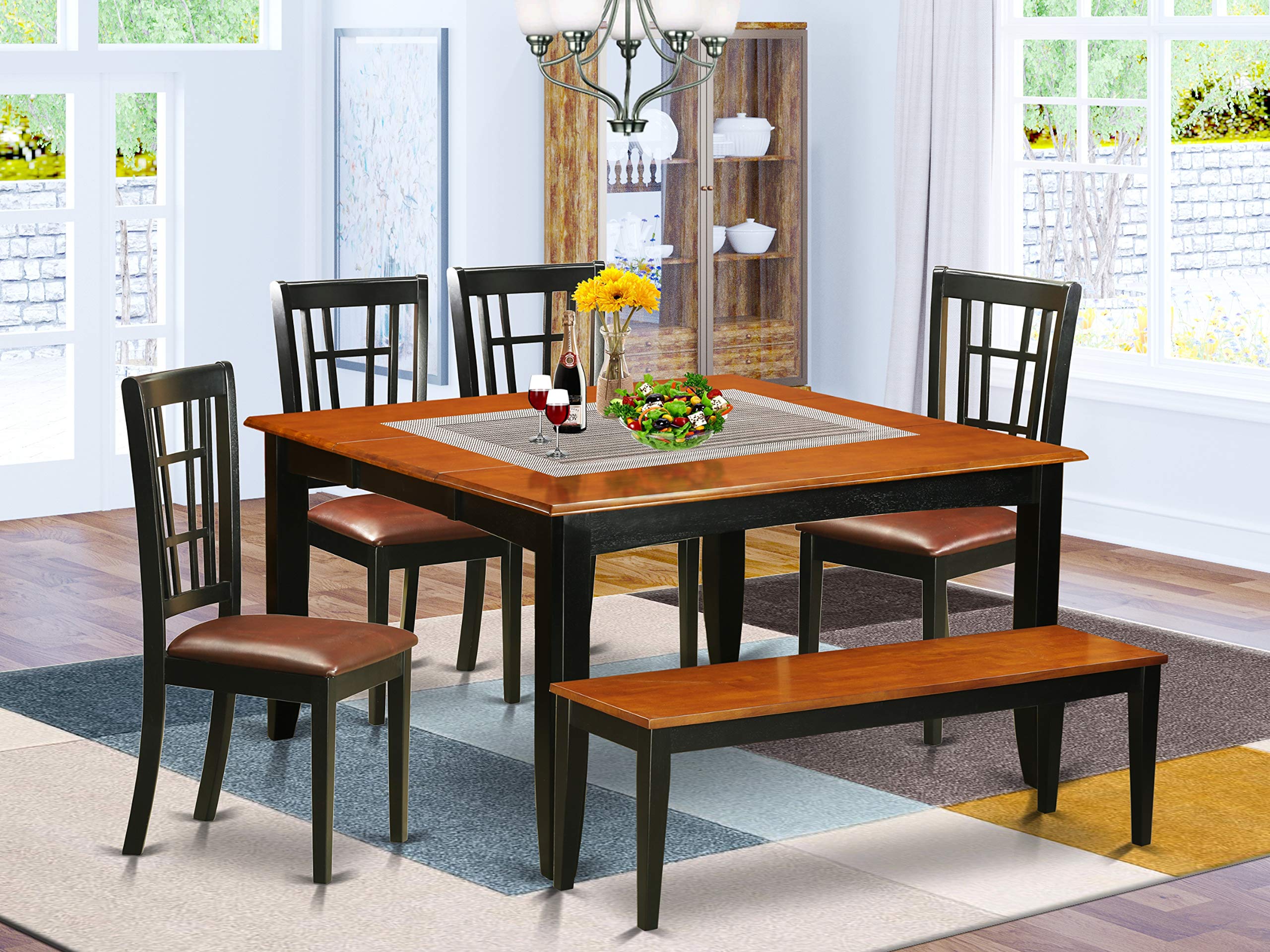 East West Furniture PFNI6-BCH-LC 6 Piece Dinette Set Contains a Square Dining Room Table with Butterfly Leaf and 4 Faux Leather Dining Chairs with a Bench, 54x54 Inch, Black & Cherry