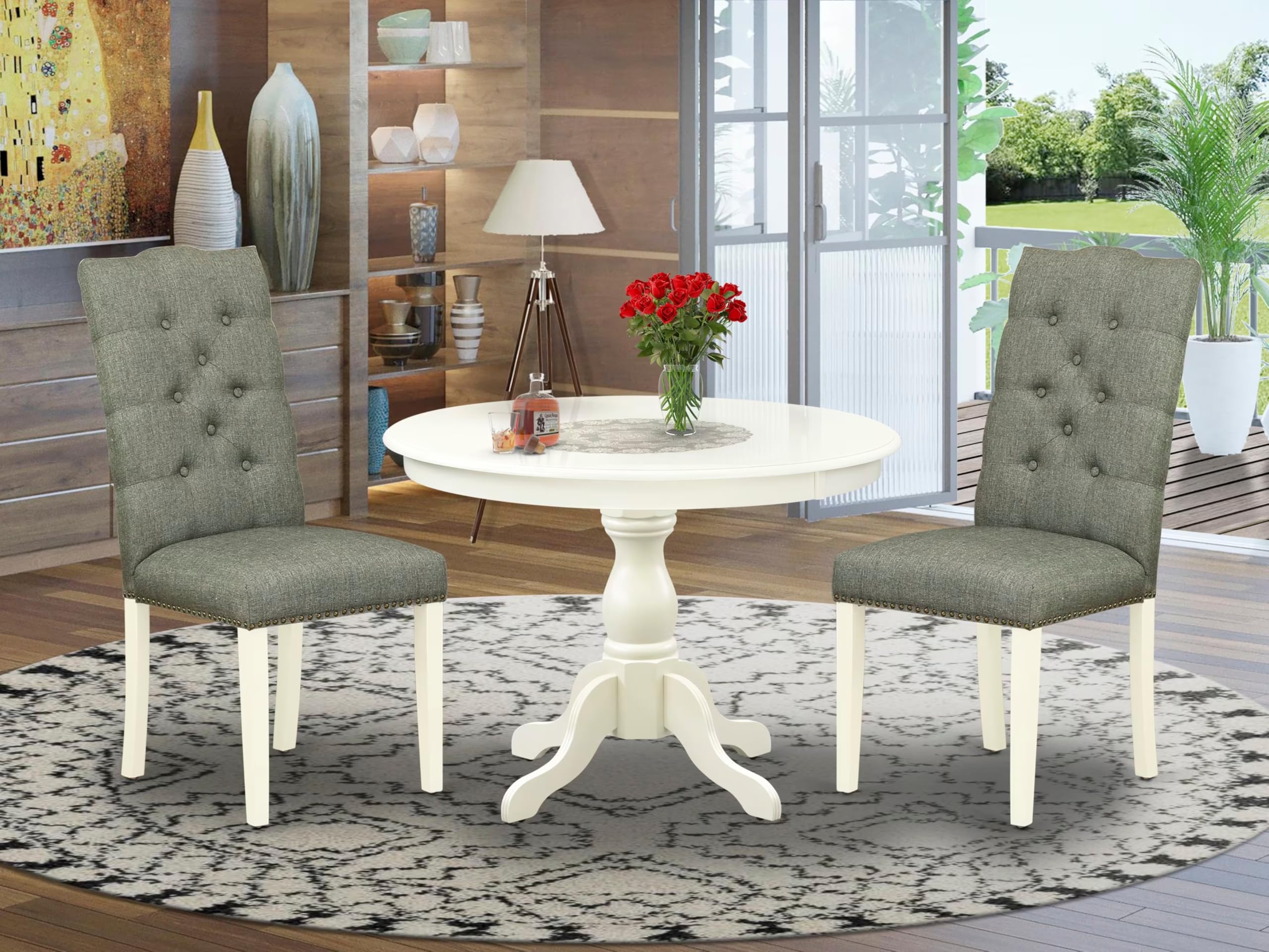 East West Furniture HBEL3-LWH-07 3 Piece Modern Dining Table Set Contains a Round Wooden Table with Pedestal and 2 Gray Linen Fabric Upholstered Parson Chairs, 42x42 Inch, Linen White