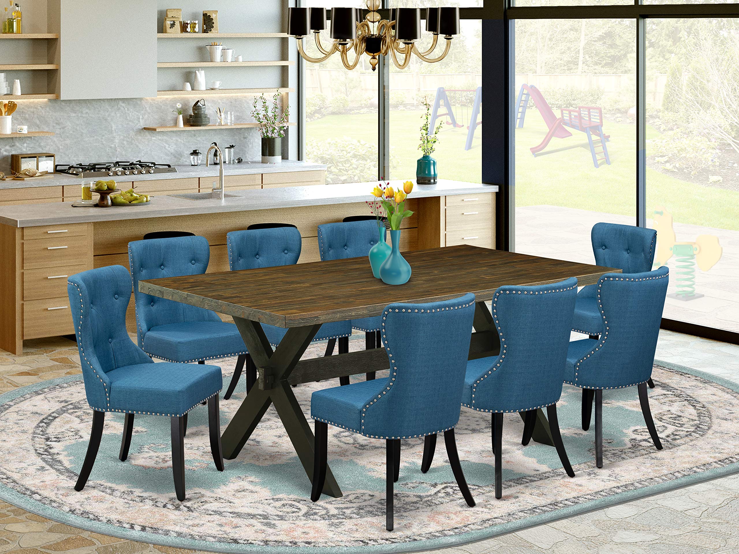 East West Furniture X677Si121-9 9 Piece Kitchen Table Set Includes A Rectangle Dining Table With X-Legs And 8 Blue Linen Fabric Parsons Dining Chairs, 40X72 Inch, Multi-Color