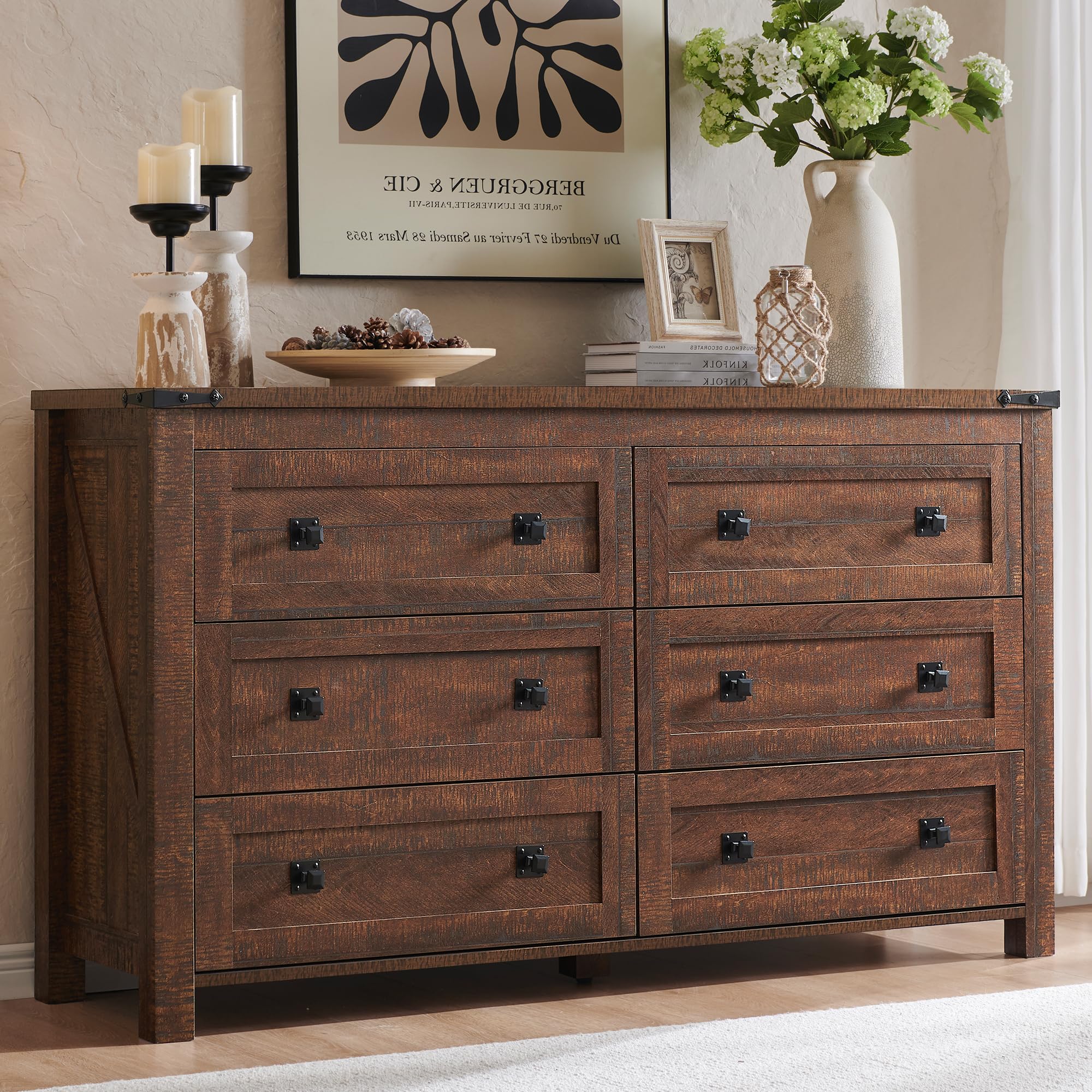 T4TREAM Farmhouse 6 Drawers Dresser for Bedroom, Wood Rustic Wide Chest of Drawers, Storage Dressers Organizer for Bedroom, Livi
