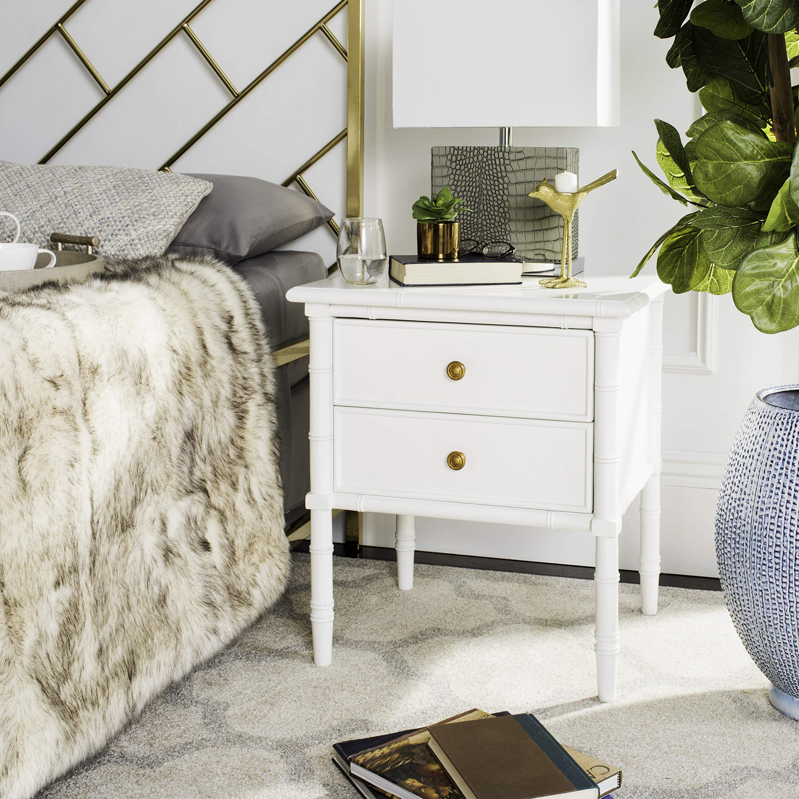 Safavieh Home Collection Mina Modern Coastal 2 Drawer 25 Bamboo Nightstand, White