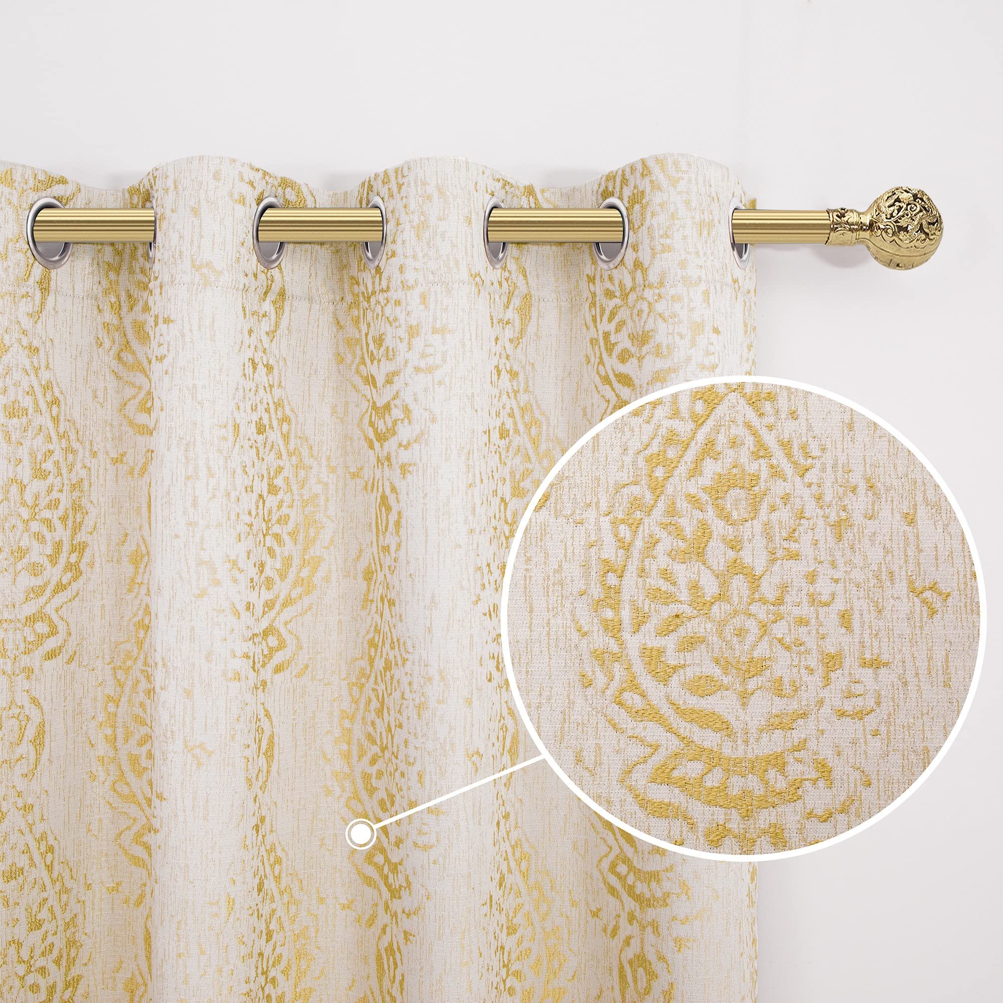Mrs.Naturall Gold Yellow Semi Sheer Curtains 108 Inches Long For Living Room 2 Panel Set Damask Pattern Jacquard Luxury Drapes F