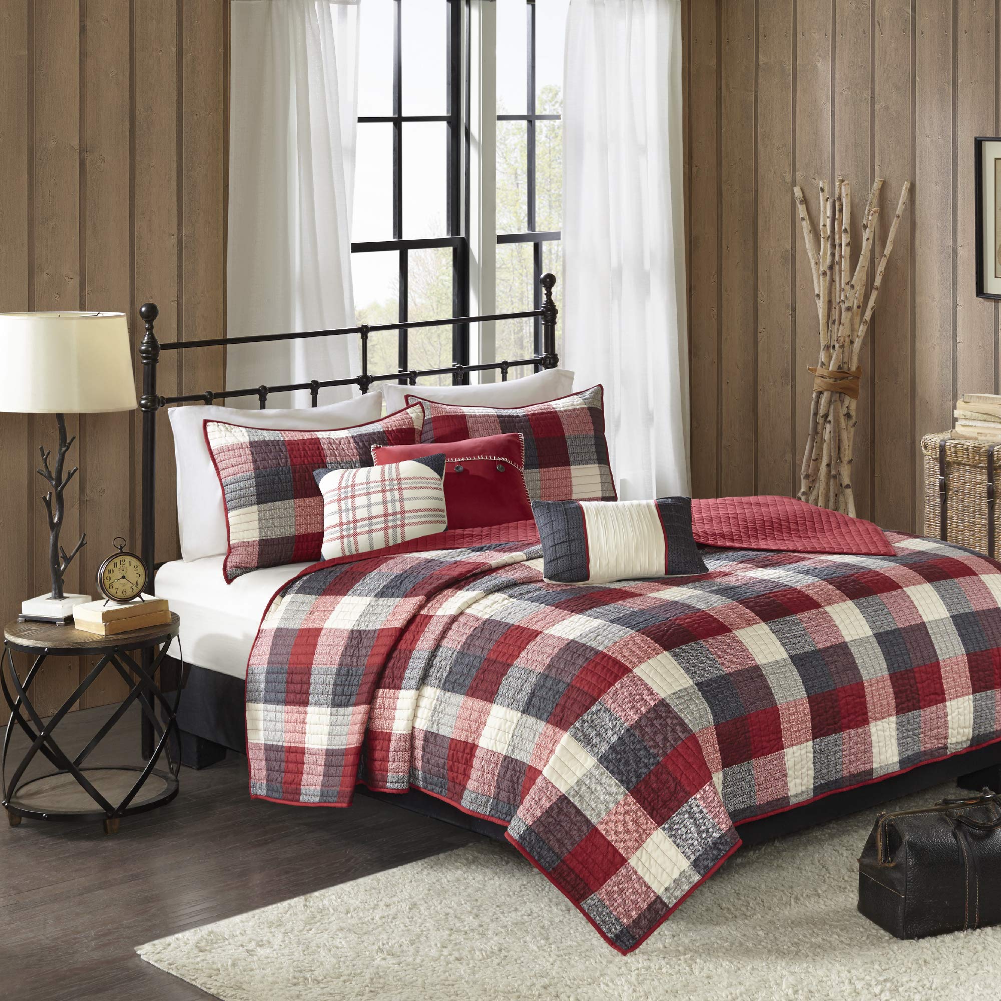 Madison Park Reversible Quilt Cabin Lifestyle Plaid Design - All Season, Breathable Coverlet Bedspread Bedding Set, Matching Shams, Ridge Red King/Cal King(104'X92') 6 Piece