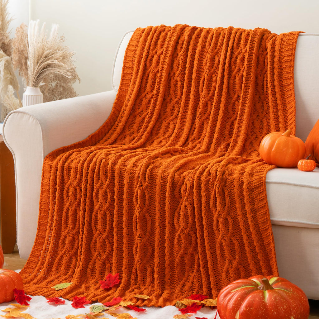 Battilo Burnt Orange Throw Blanket 51' x 67' Warm Fall Throw Blanket for Couch, Halloween Throw Blanket,Woven Chenille Knit Th
