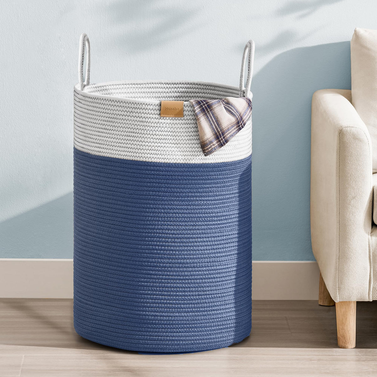 Nunsino 75L Laundry Hamper Basket,Baby Nursery Woven Storage Basket for Toys Bin,Pillows,Blankets,Clothes,Navy Blue