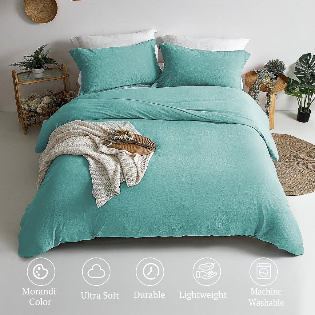 Mildly Super Soft Duvet Cover - 100% Washed Microfiber Turquoise Comforter Cover Set 3 Pieces With Zipper Closure & Corner Ties