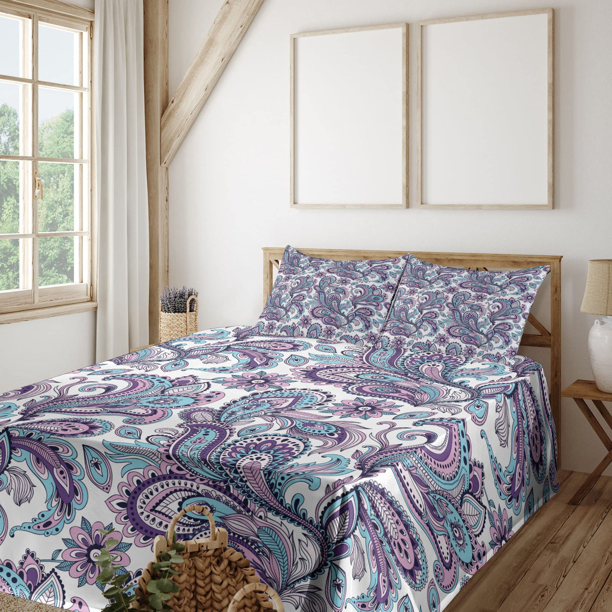 Ambesonne Paisley Sheet Set, Blue And Purple Flowers Leaves Floral Pattern Bohemian Style Country Print, Fitted And Flat Sheet W