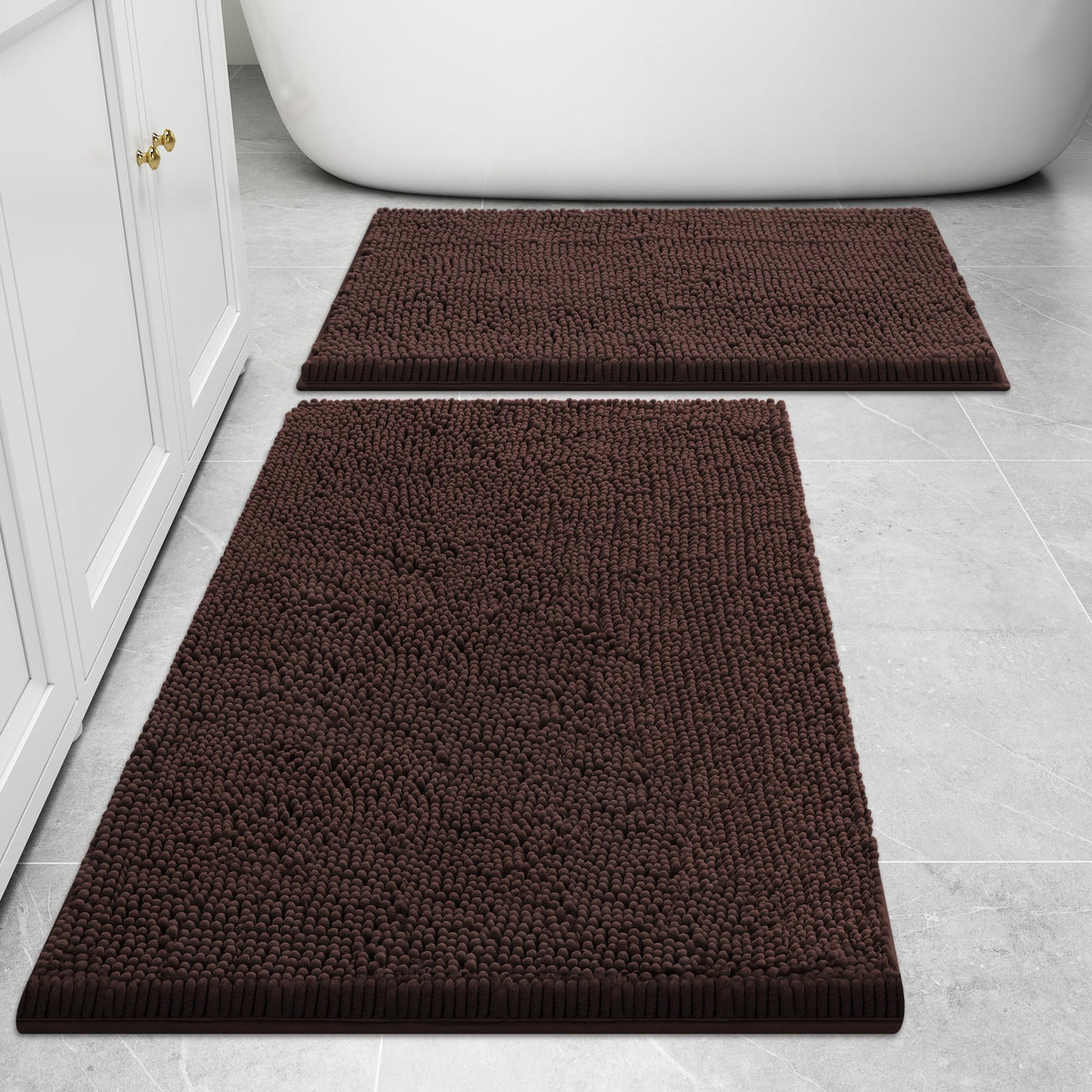 Smiry Bathroom Rugs and Mats Set, 2 Piece Chenille Bath Mat Set, Machine Wash Dry, Non Slip Absorbent Shaggy Bath Rug for Bath R