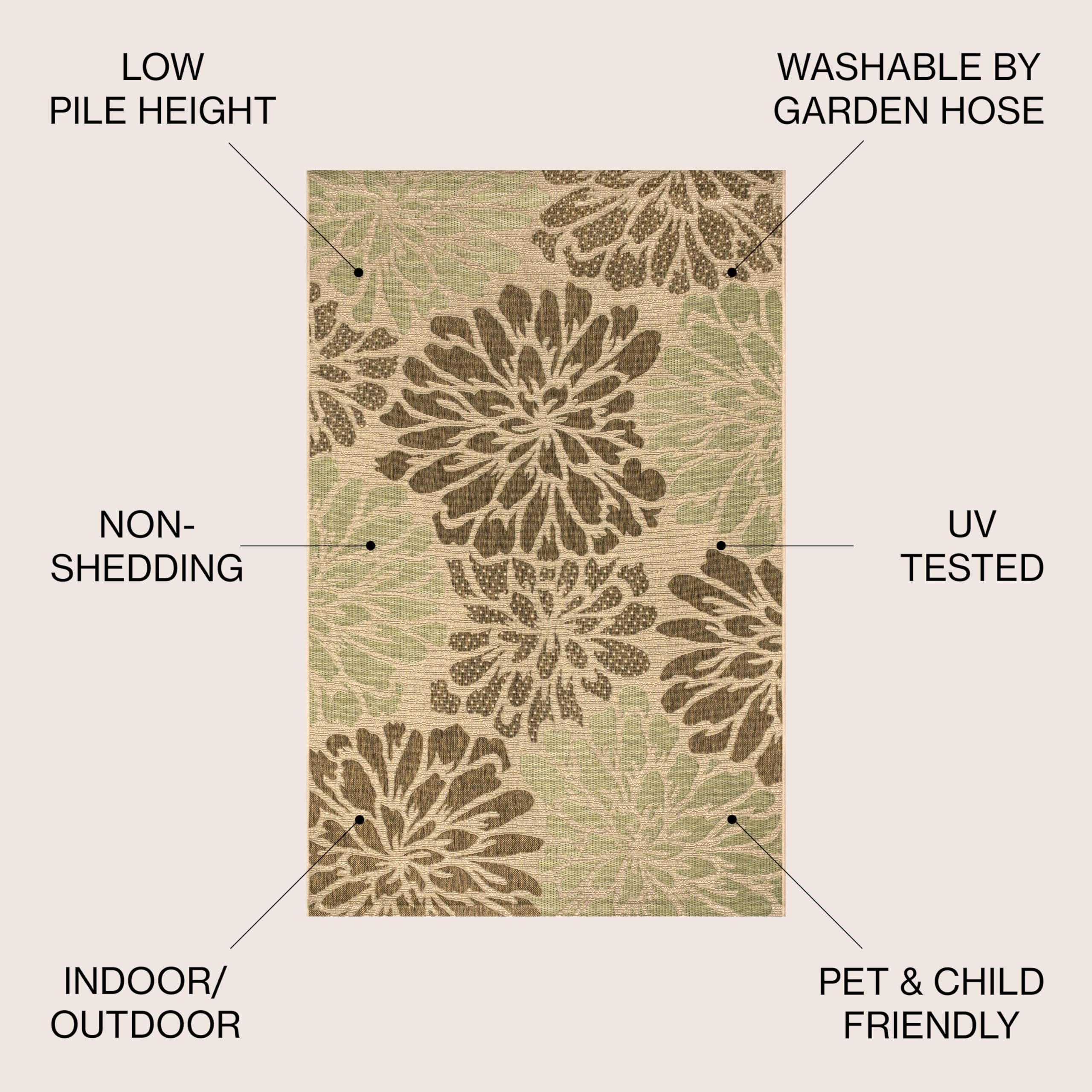Jonathan Y Smb110A-5R Zinnia Modern Floral Textured Weave Indoor Outdoor Area Rug Bohemian Coastal Easy Cleaning Bedroom Kitchen Backyard Patio Non Shedding, 5' Round, Sage/Brown