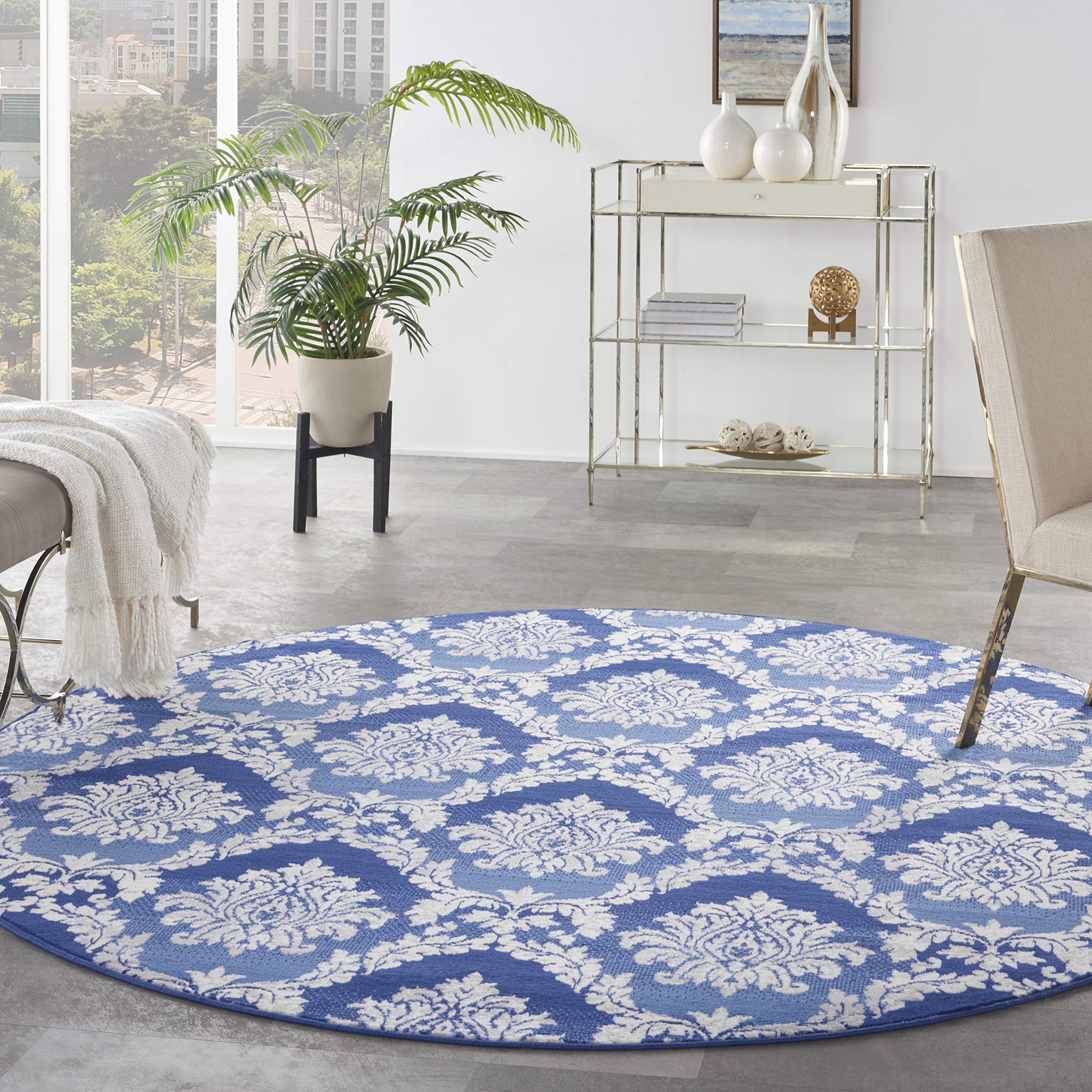 Nourison Whimsicle Damask Blue 8' X Round Area Rug, Easy Cleaning, Non Shedding, Bed Room, Living Room, Dining Room, Kitchen (8