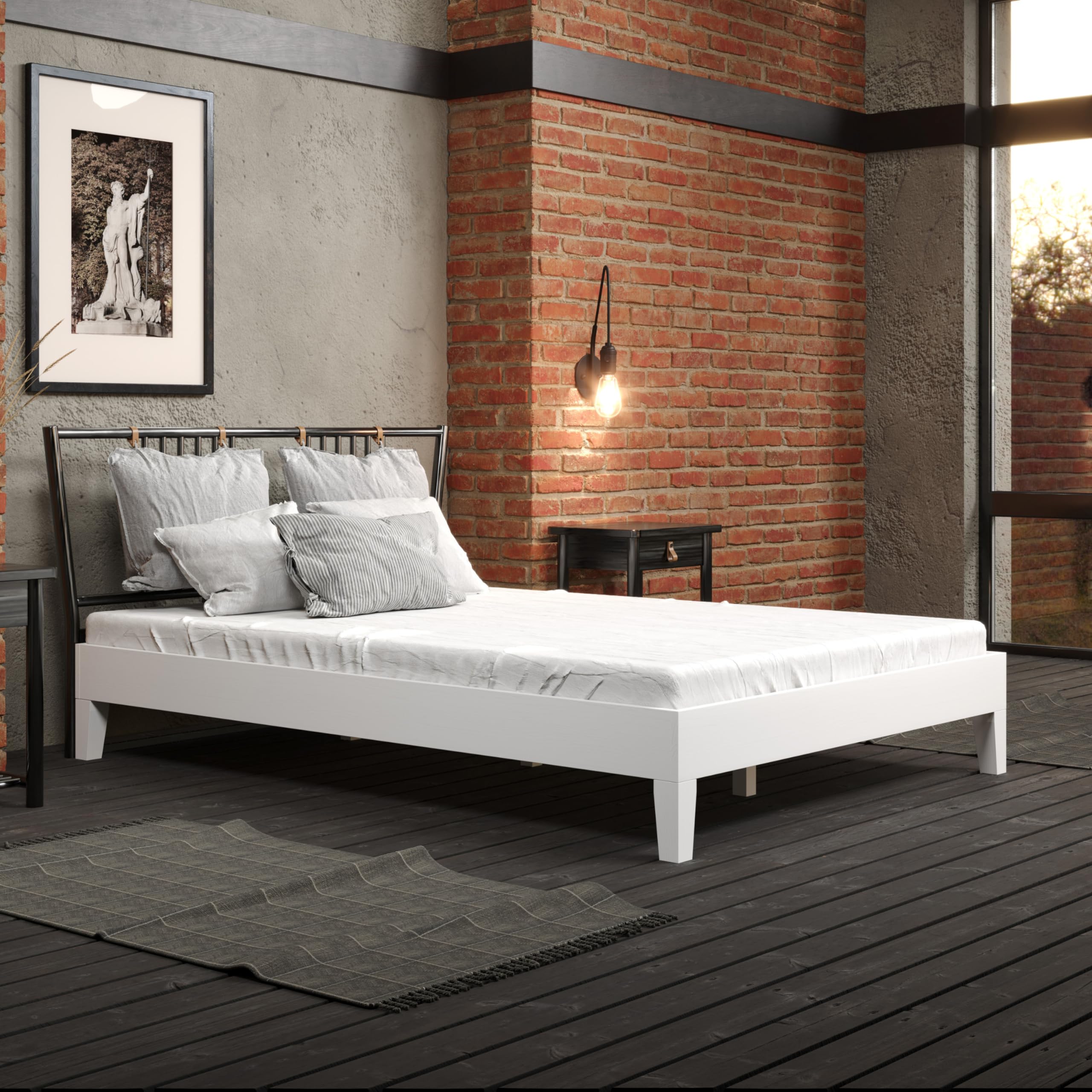 Steve Silver Co Nix Full Platform Bed, Farmhouse, Contemporary, Pine Wood, 6.5-Inch Under Bed Clearance, 28-Slat Dual-Zone System, Bedroom, No Box Spring Needed, 77&quot; L x 55.5&quot; W x 12.24&quot; H, White