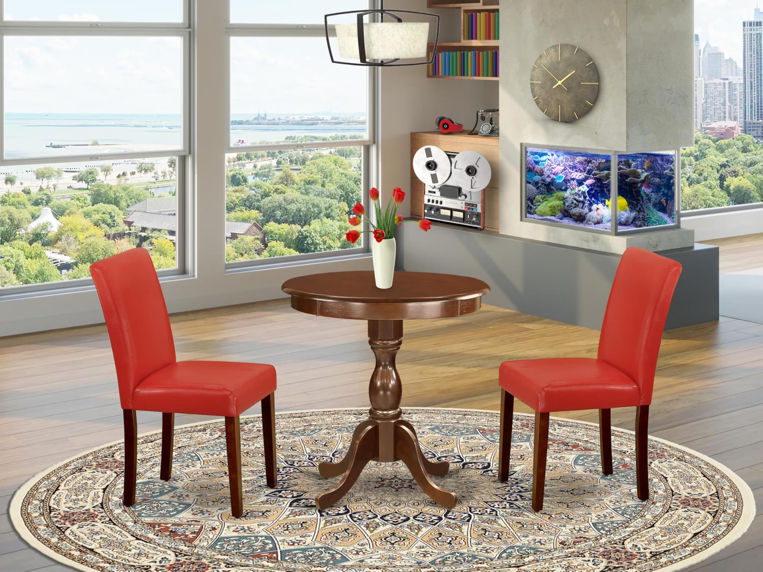 East West Furniture Esab3-Mah-72 3 Piece Dining Set Contains A Round Dining Room Table With Pedestal And 2 Firebrick Red Faux Leather Upholstered Parson Chairs, 30X30 Inch, Mahogany