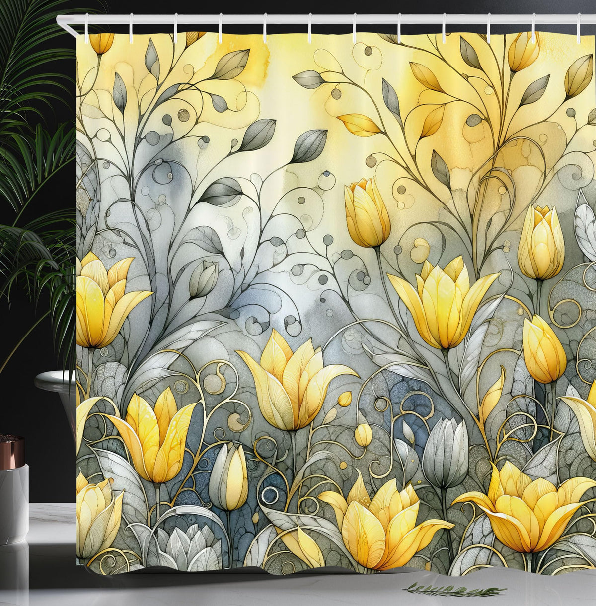 Ambesonne Yellow Shower Curtain, Nostalgia Feel Flowering Tulips with Tender Petals and Curlicue Leaves, Cloth Fabric Bathroom D