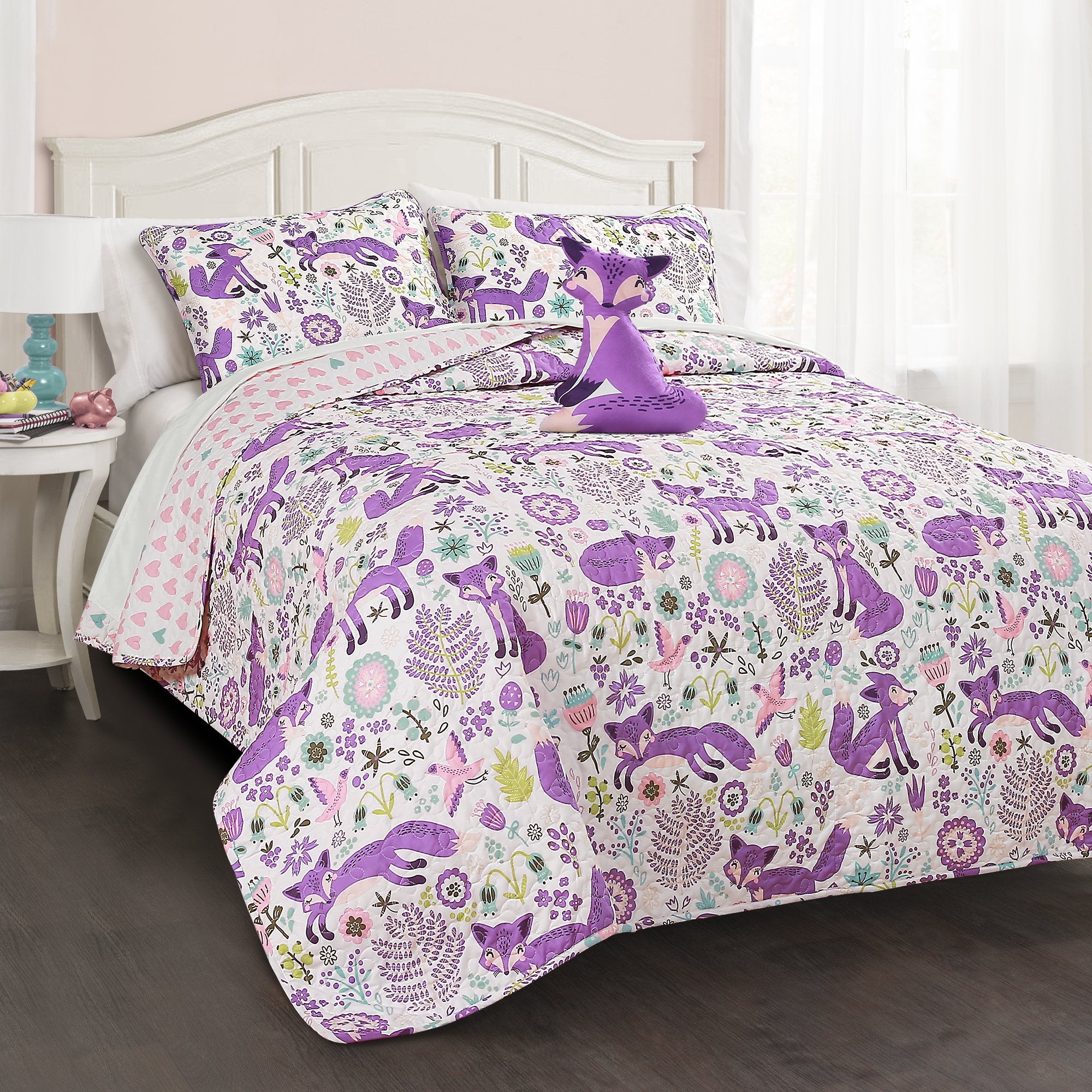 Lush Decor Pixie Fox Reversible Quilt Set, 3 Piece Set, Twin, Purple & Pink - Twin Bedding Sets For Girls - Whimsical Quilt For