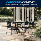 Flash Furniture 5-Piece Patio Dining Set with 31.5" Square Glass Metal Table and 4 Stackable Slat Back Chairs, Indoor/Outdoor Bistro Set, Black