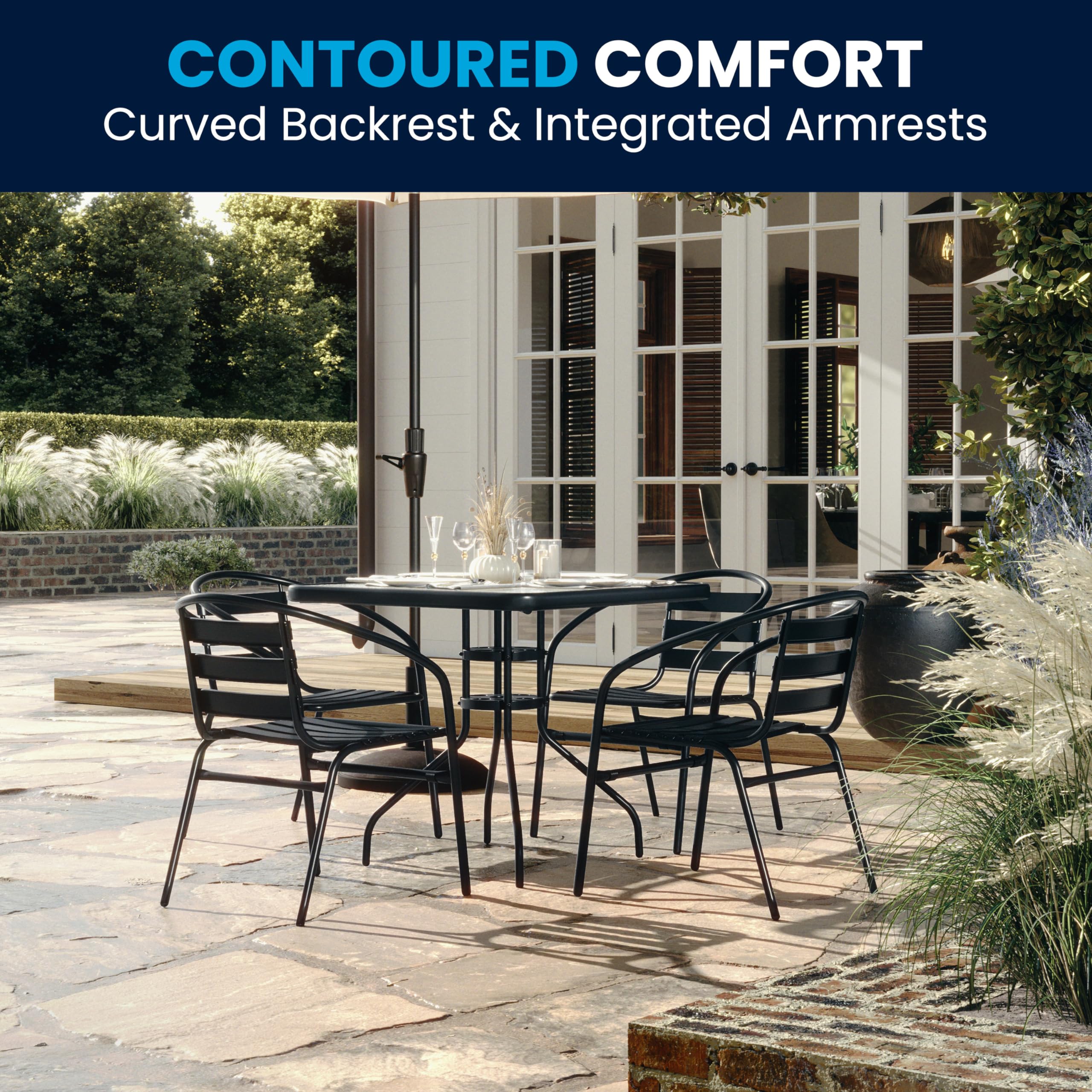 Flash Furniture 5-Piece Patio Dining Set with 31.5" Square Glass Metal Table and 4 Stackable Slat Back Chairs, Indoor/Outdoor Bistro Set, Black