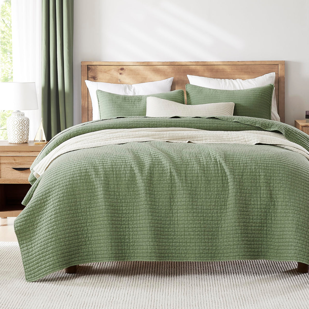 Wdcozy Sage Green Muslin Cotton Quilt Bedding Sets King Size With 2 Pillow Shams, Shabby Chic Rustic Textured Gauze Lightweight