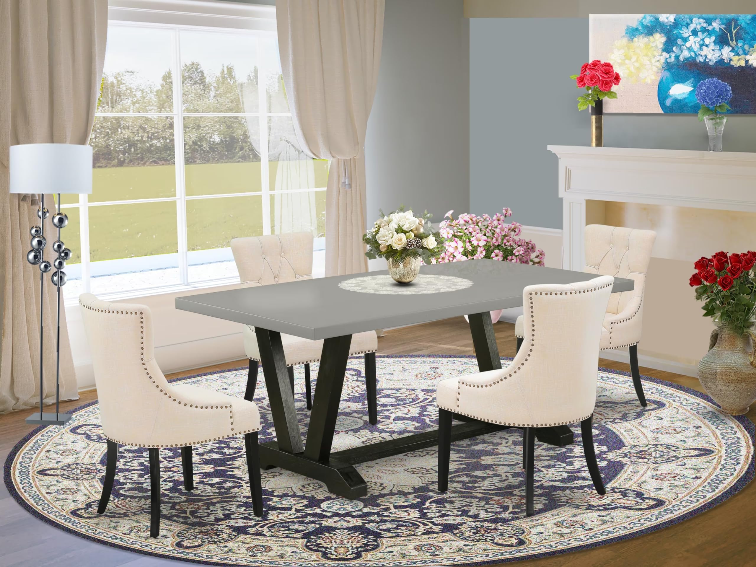 East West Furniture V697Fr102-5 5 Piece Dining Set Includes A Rectangle Dining Room Table With V-Legs And 4 Light Beige Linen Fabric Upholstered Chairs, 40X72 Inch, Multi-Color