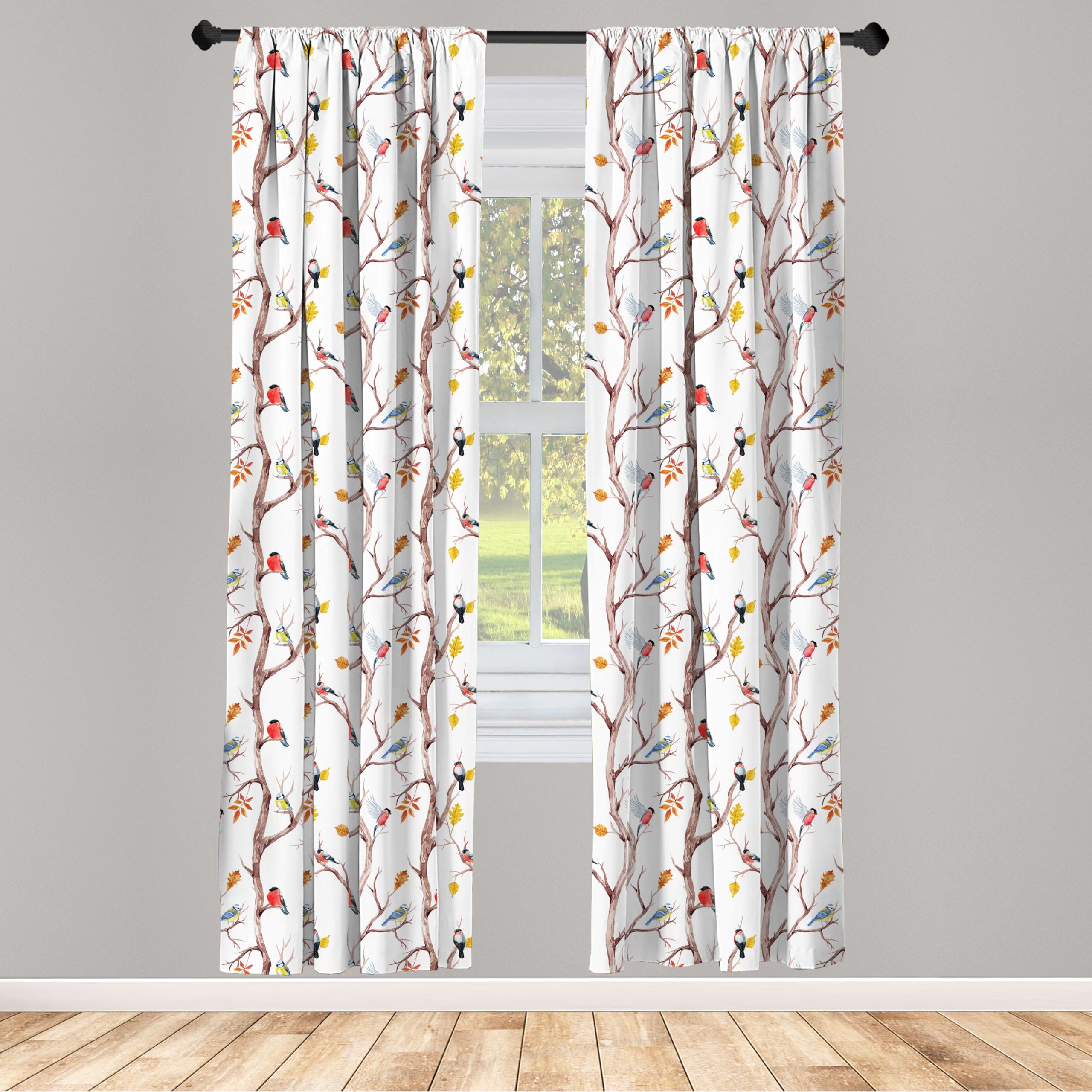 Ambesonne Autumn Window Curtains Pack Of 2, Watercolor Birds On A Tree With Yellow Leaves During Fall Season, Lightweight Set Wi