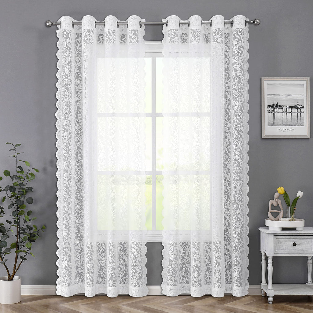 Bujasso White Sheer Lace Curtains 63 Inch Vintage Floral Sheer Window Curtain Panels For Living Room Bedroom Elegant Light Filte