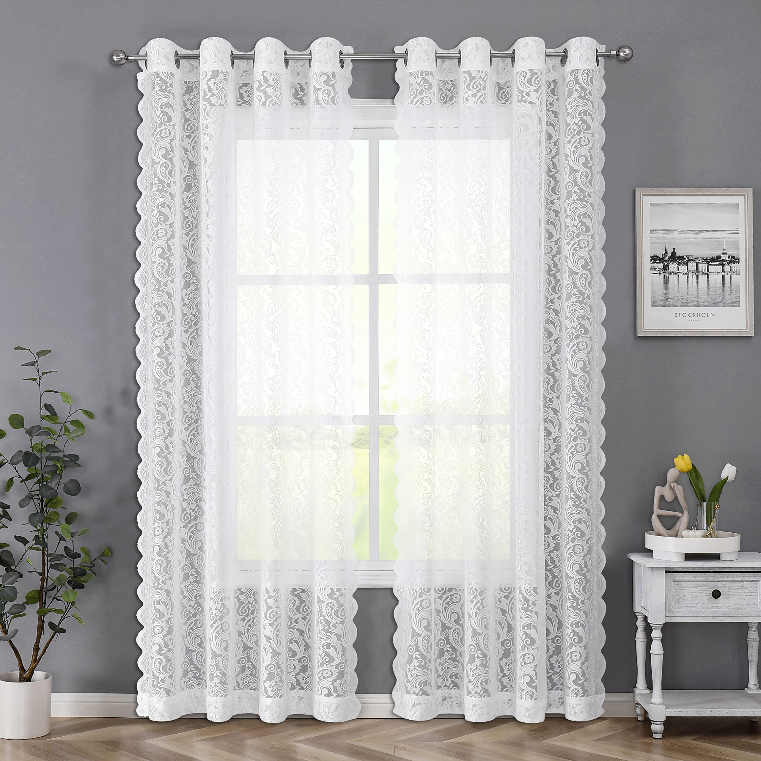 Bujasso White Sheer Lace Curtains 63 Inch Vintage Floral Sheer Window Curtain Panels For Living Room Bedroom Elegant Light Filte