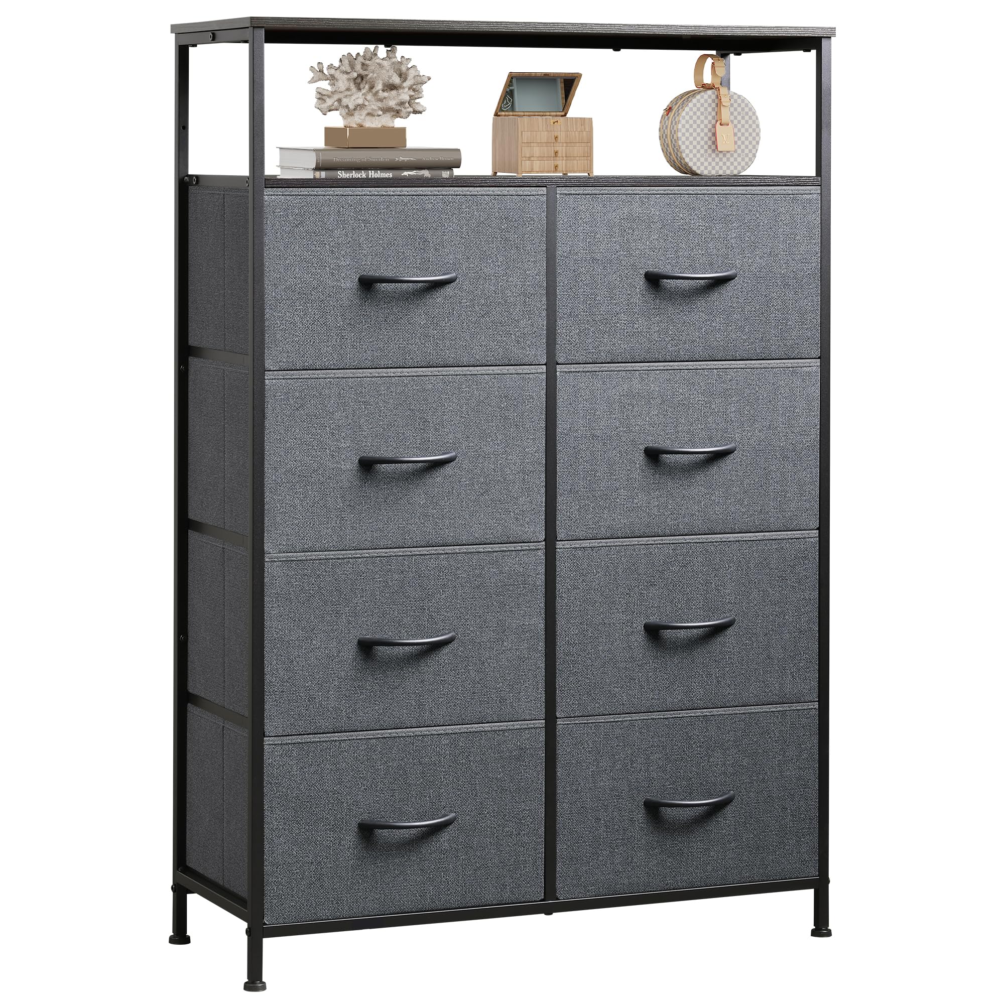 Wlive Fabric Dresser For Bedroom With Open Shelves, Tall Dresser With 8 Drawers, Storage Tower With Fabric Bins, Chest Of Drawers For Closet, Living Room, Hallway, Charcoal Gray