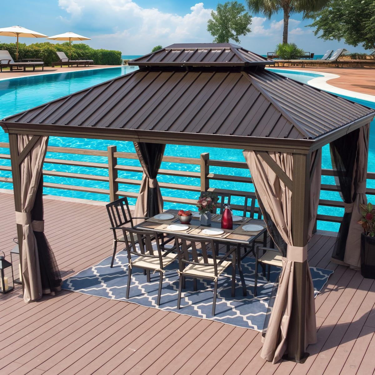 Kozyard Alexander 10' X 12' Hardtop Gazebo, Aluminum Metal Gazebo With Galvanized Steel Double Roof Canopy, Curtain And Netting, Permanent Gazebo Pavilion For Patio, Backyard, Deck, Lawn (Brown)