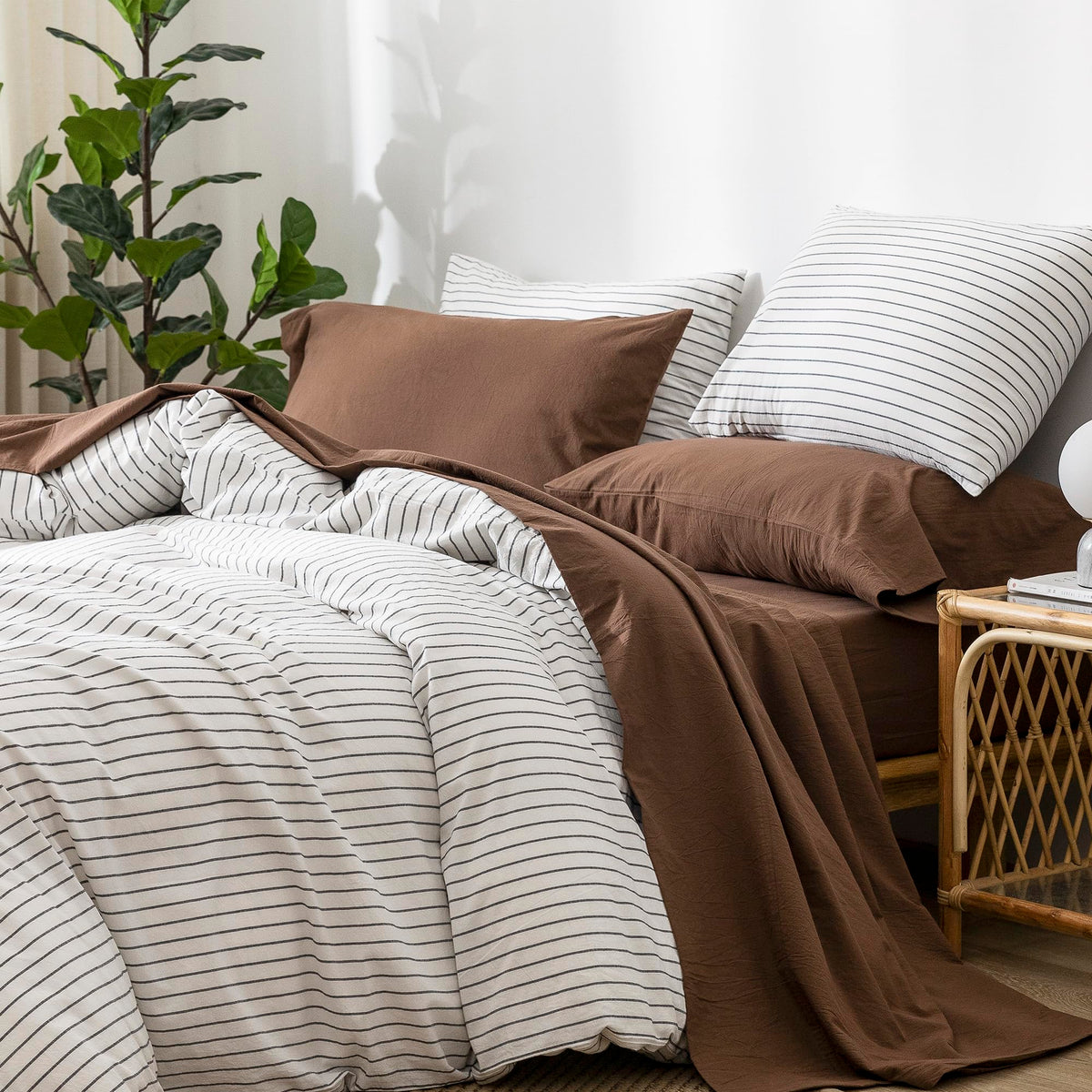 Moomee Bedding Sheet Set 100% Washed Cotton Linen Like Textured Breathable Durable Soft Comfy (Cocoa Brown, Queen)