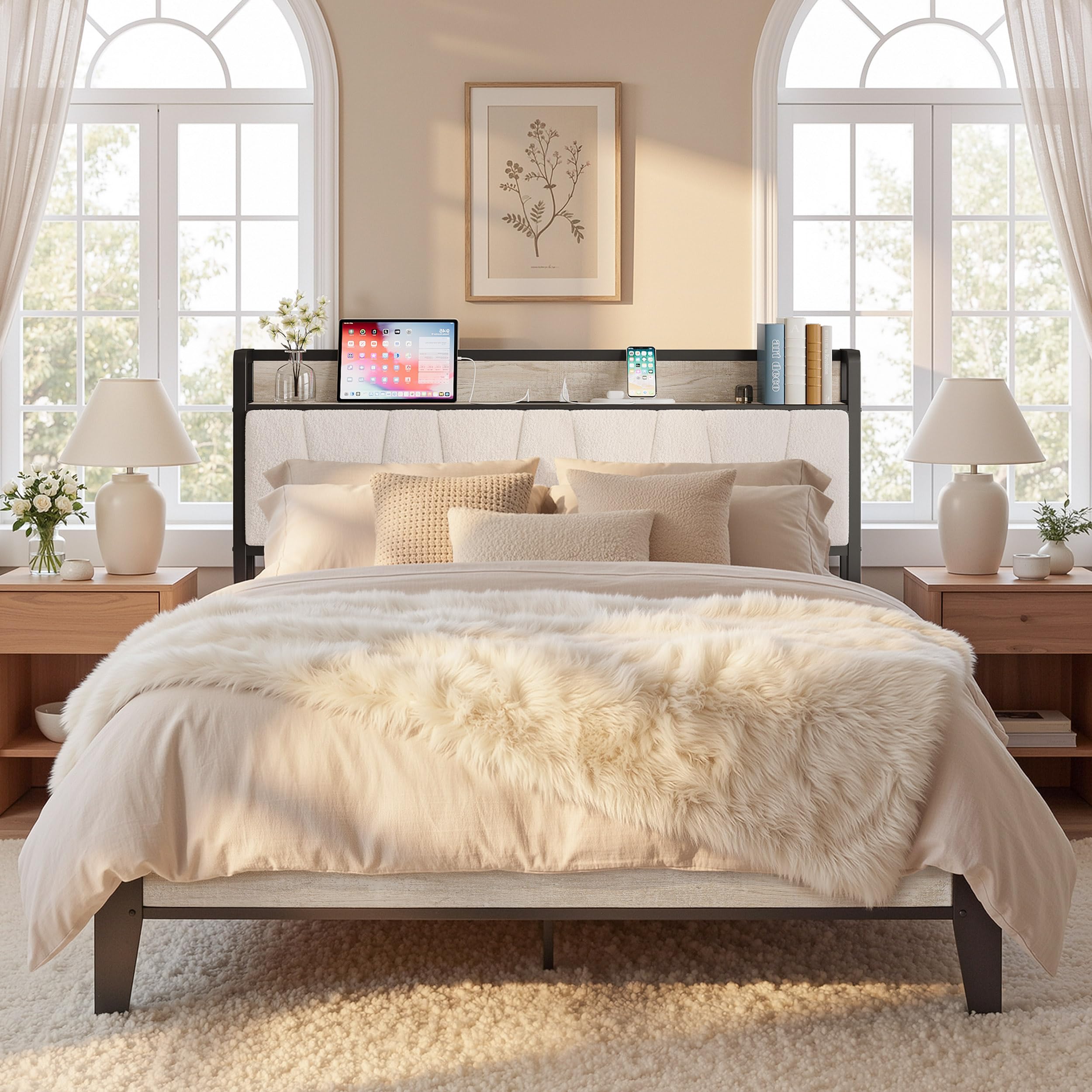LIKIMIO Queen Bed Frames, Boucl   Storage Headboard with Charging Station, Solid and Stable, Noise Free, No Box Spring Needed, E