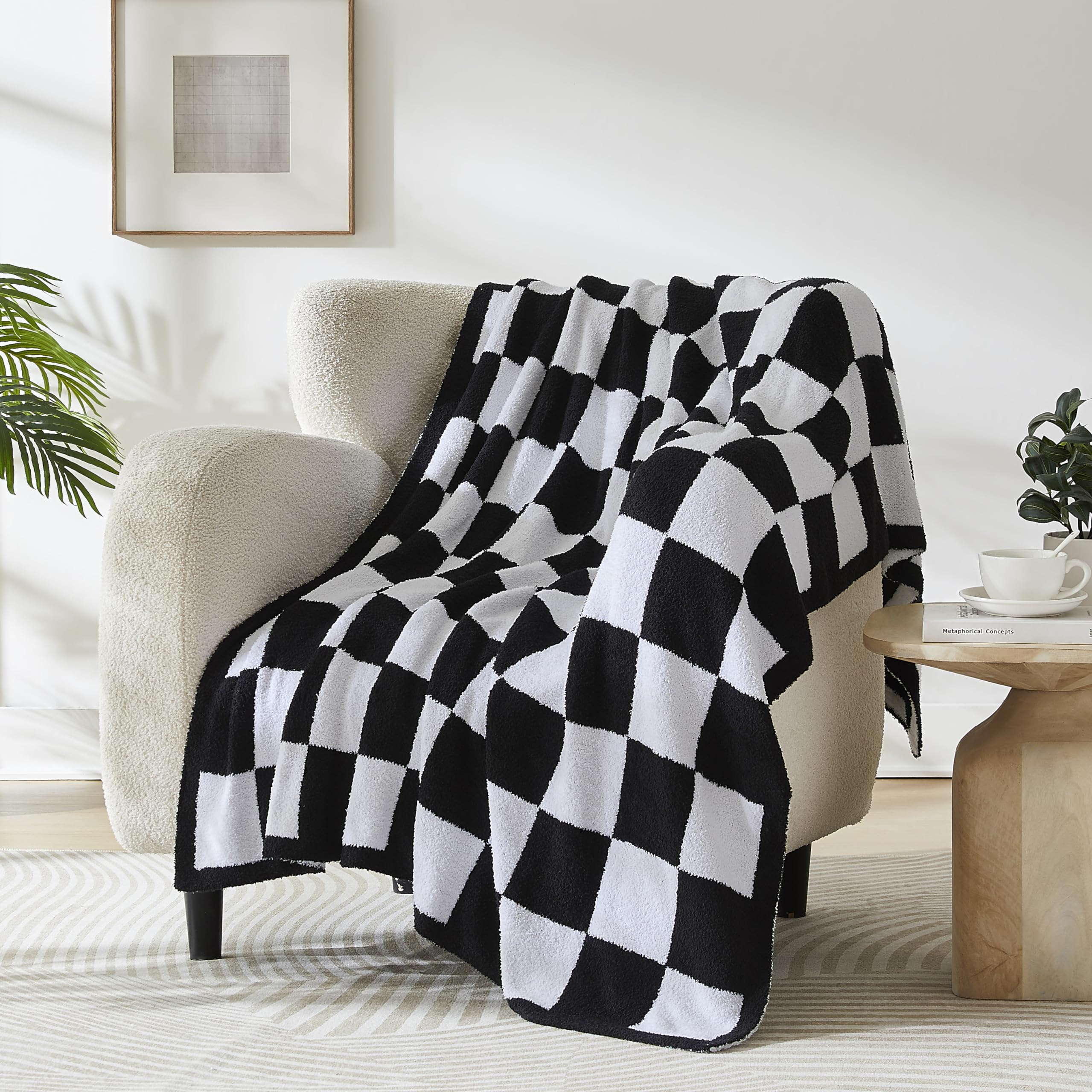 R.Share Black And White Checkered Throw Blanket 50X70 Inch Reversible, Microfiber Soft Comfy Cozy Lightweight Fluffy Fuzzy Warm