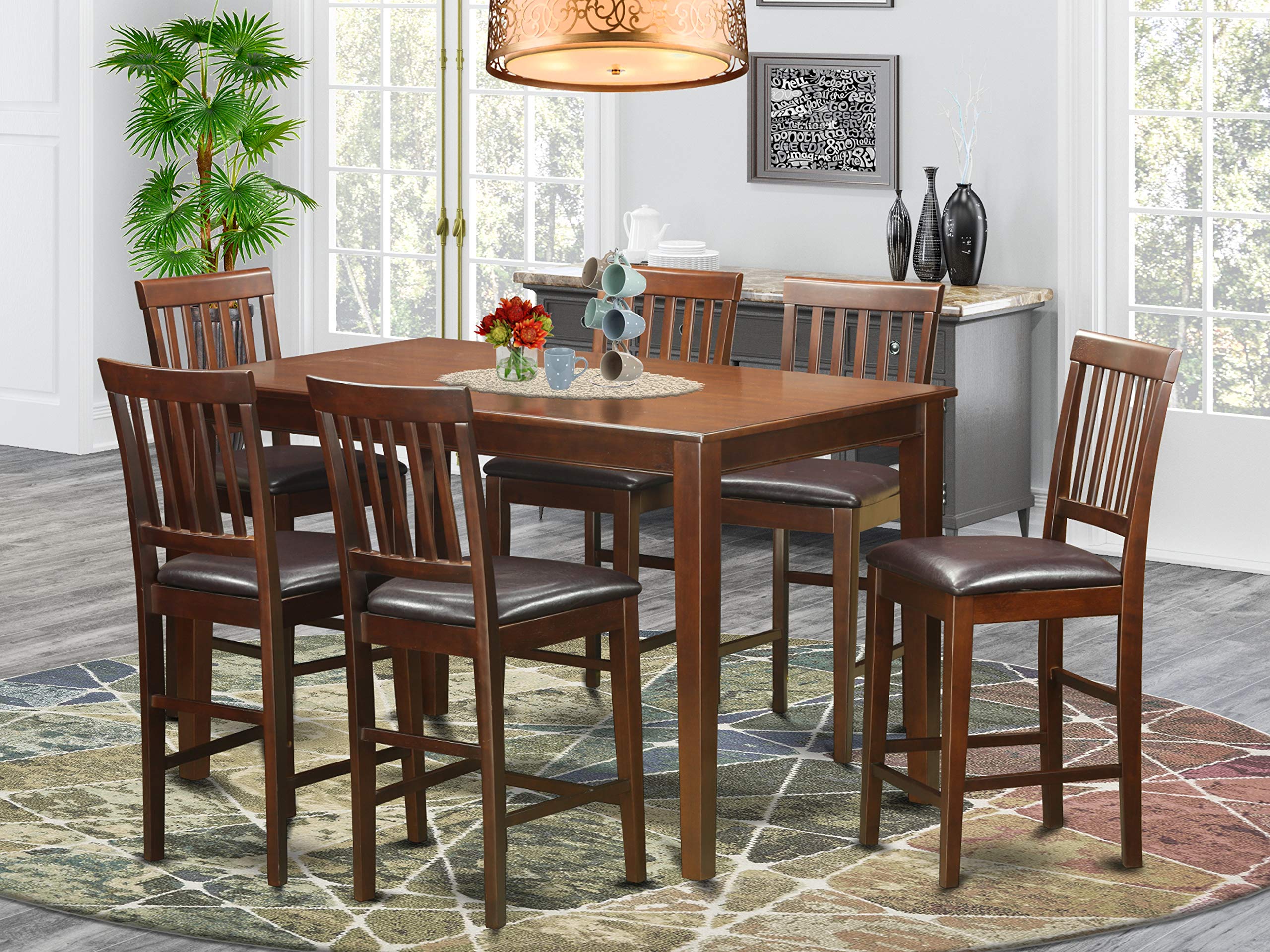 East West Furniture DUVN7H-MAH-LC 7 Piece Counter Height Dining Table Set Consist of a Rectangle Wooden Table and 6 Faux Leather Kitchen Dining Chairs, 36x60 Inch, Mahogany