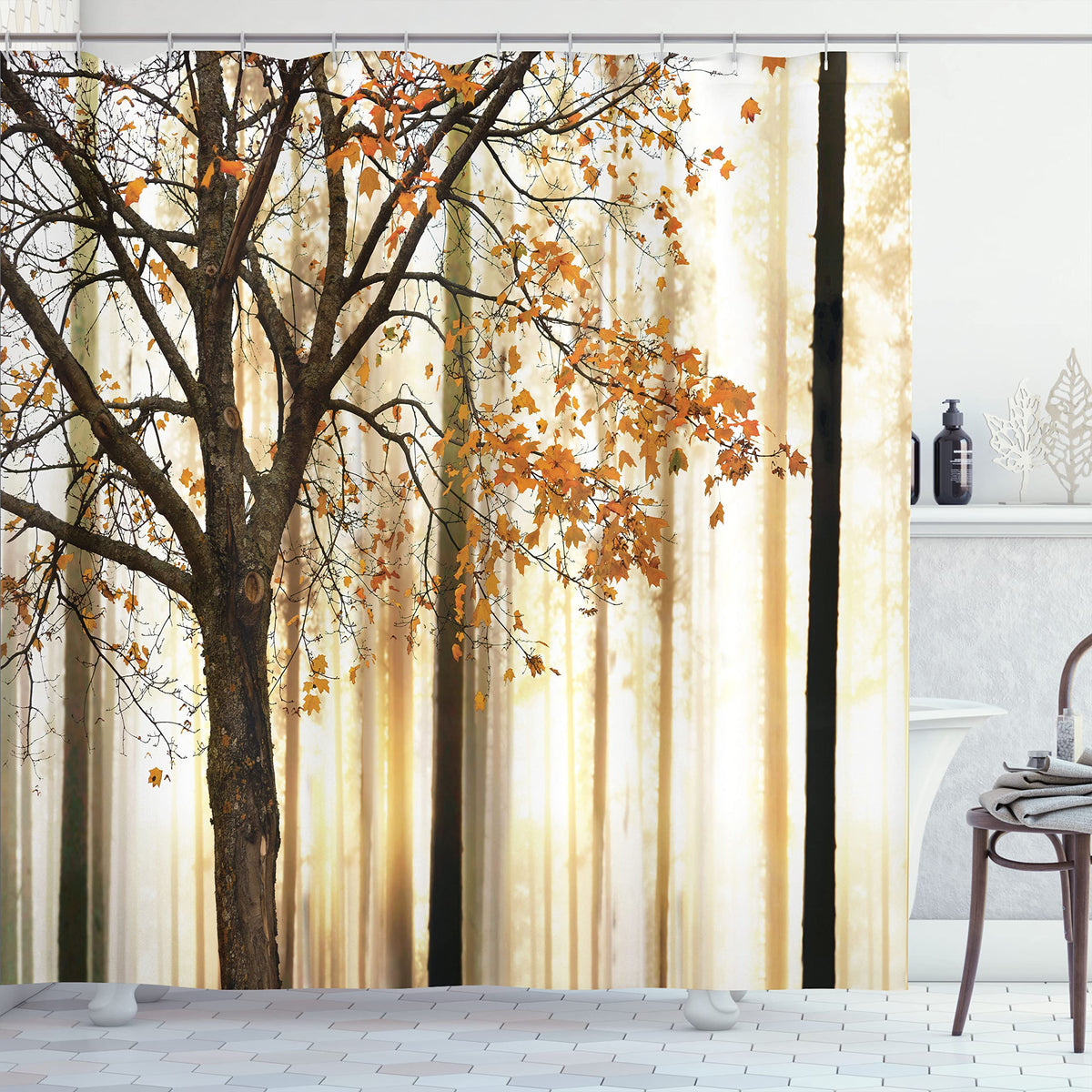 Ambesonne Autumn Shower Curtain, Fall Season Theme Picture of a Forest Tree Leaves an Abstract Woodland Background Print, Cloth 