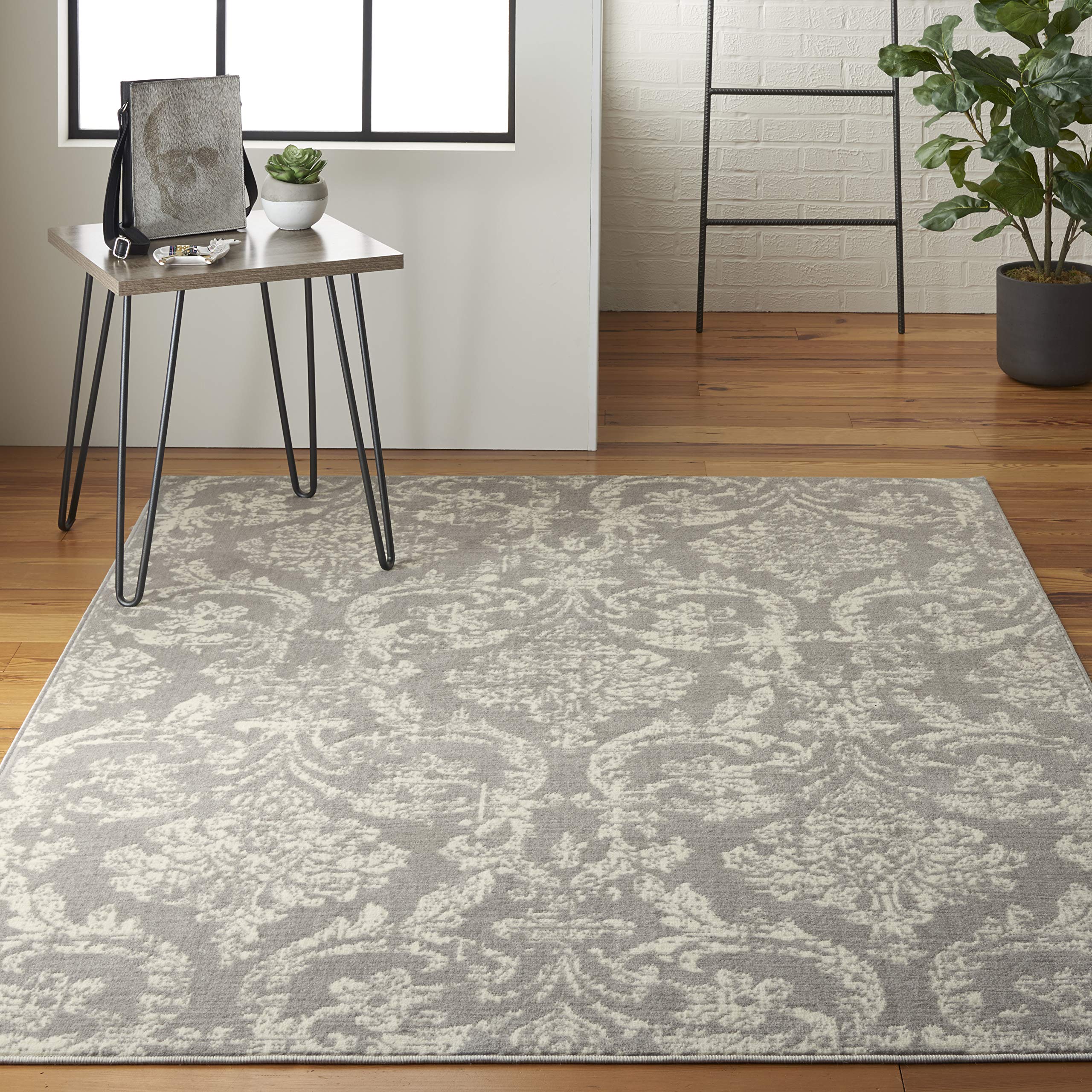 Nourison Jubilant Damask Grey 6 x 9 Area-Rug, Easy-Cleaning, Non Shedding, Bed Room, Living Room, Dining Room, Kitchen (6x9)