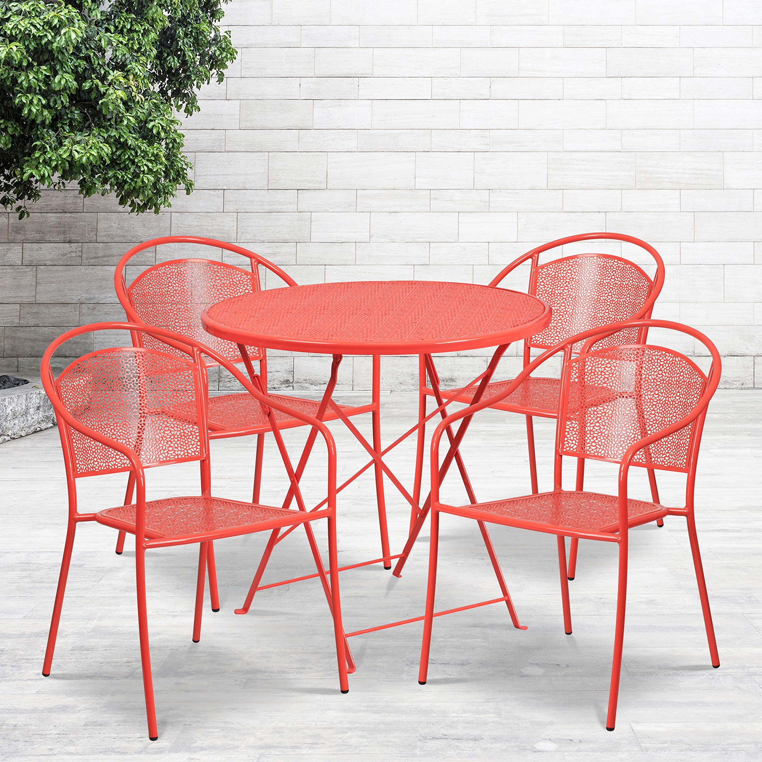 Flash Furniture Commercial Grade 30' Round Coral Indoor-Outdoor Steel Folding Patio Table Set With 4 Round Back Chairs