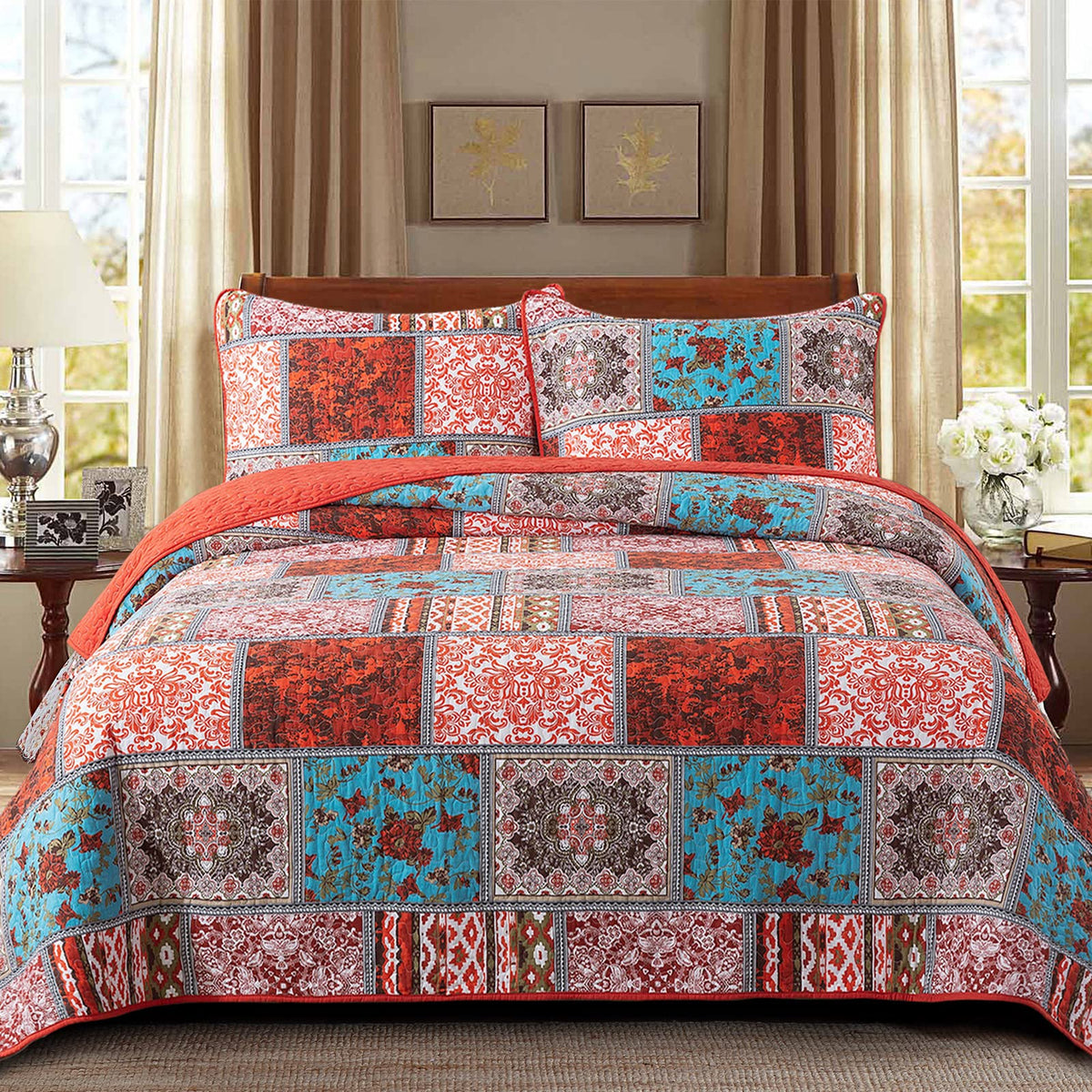 Newlake Cotton Bedspread Quilt Sets-Reversible Patchwork Coverlet Set, Mediterranean Classic Bohemian Pattern,King Size